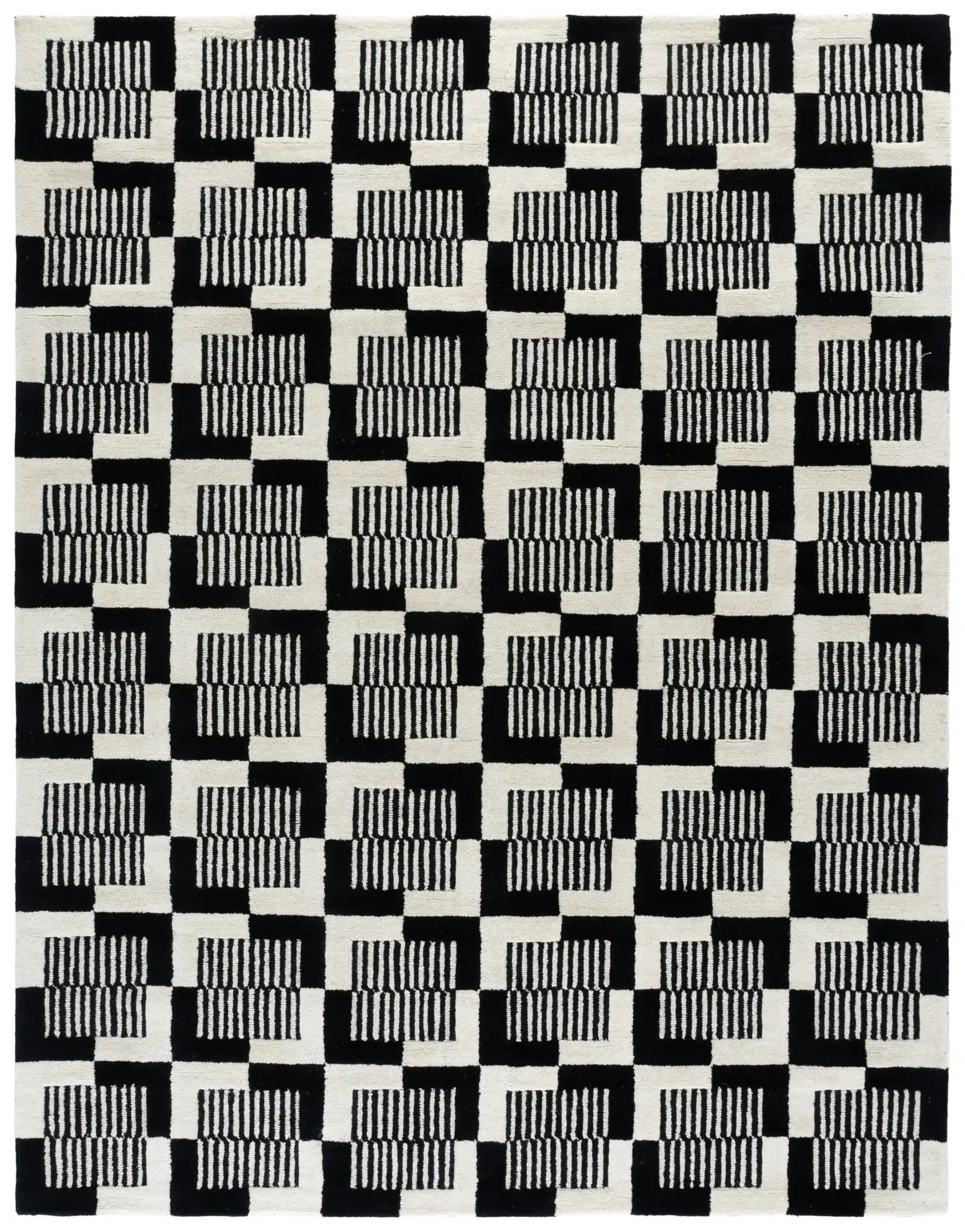 Metro Striped Checkerboard Hand-Tufted Wool Rug in Black / Ivory