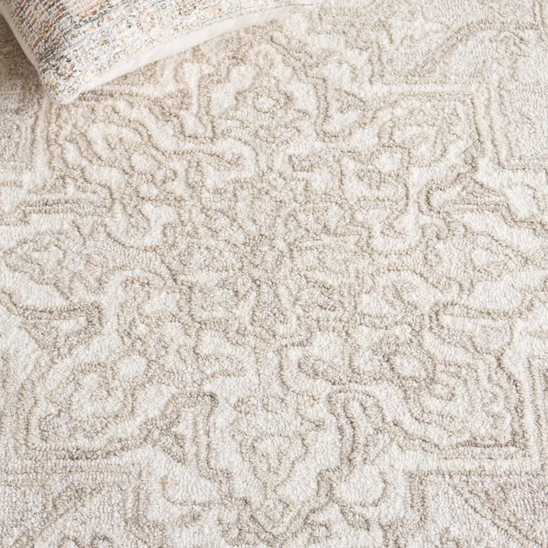 Metro Traditional Persian Medallion Hand-Tufted Wool Rug in Light Brown / Ivory in a styled room