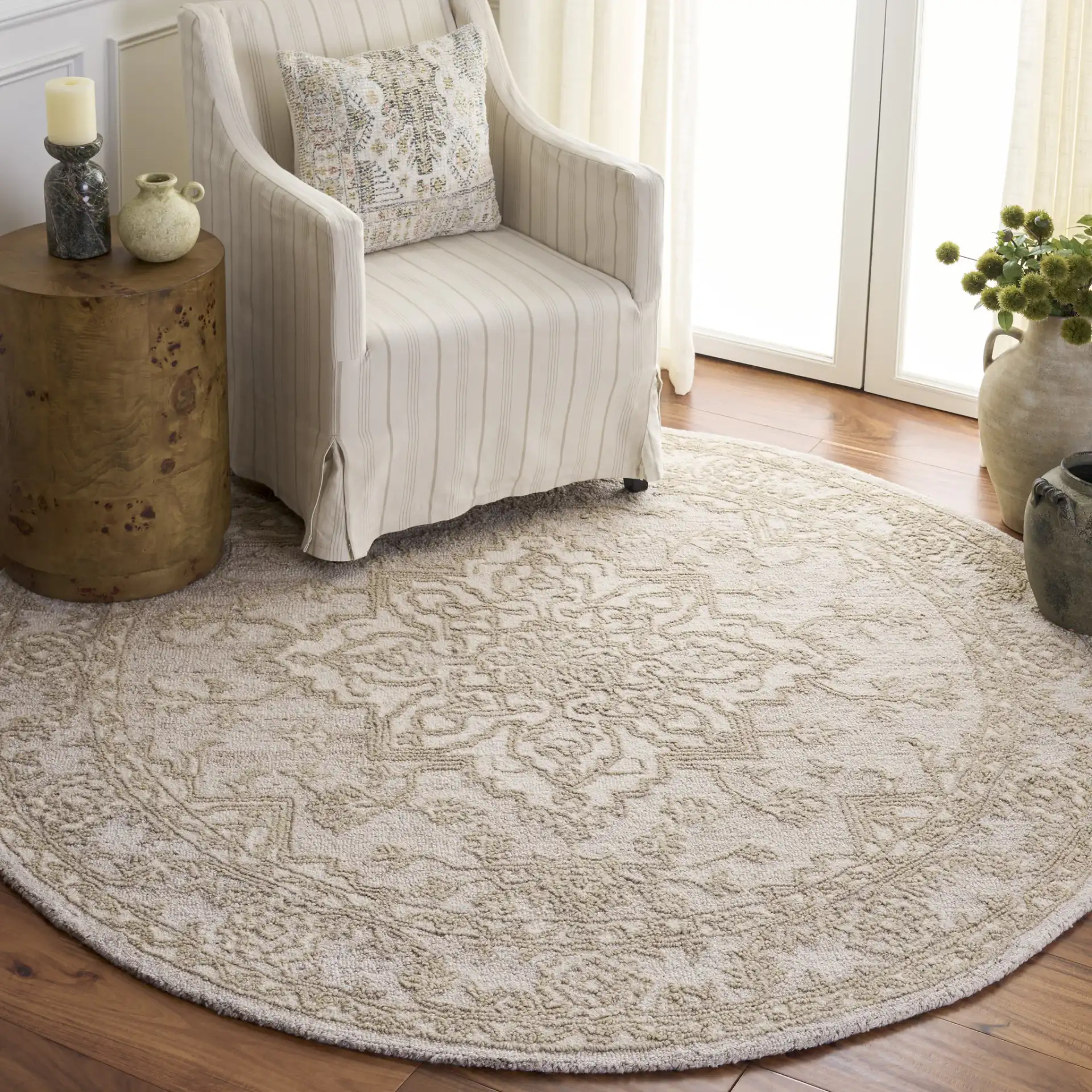 Metro Traditional Persian Medallion Hand-Tufted Wool Rug in Light Brown / Ivory in a styled room