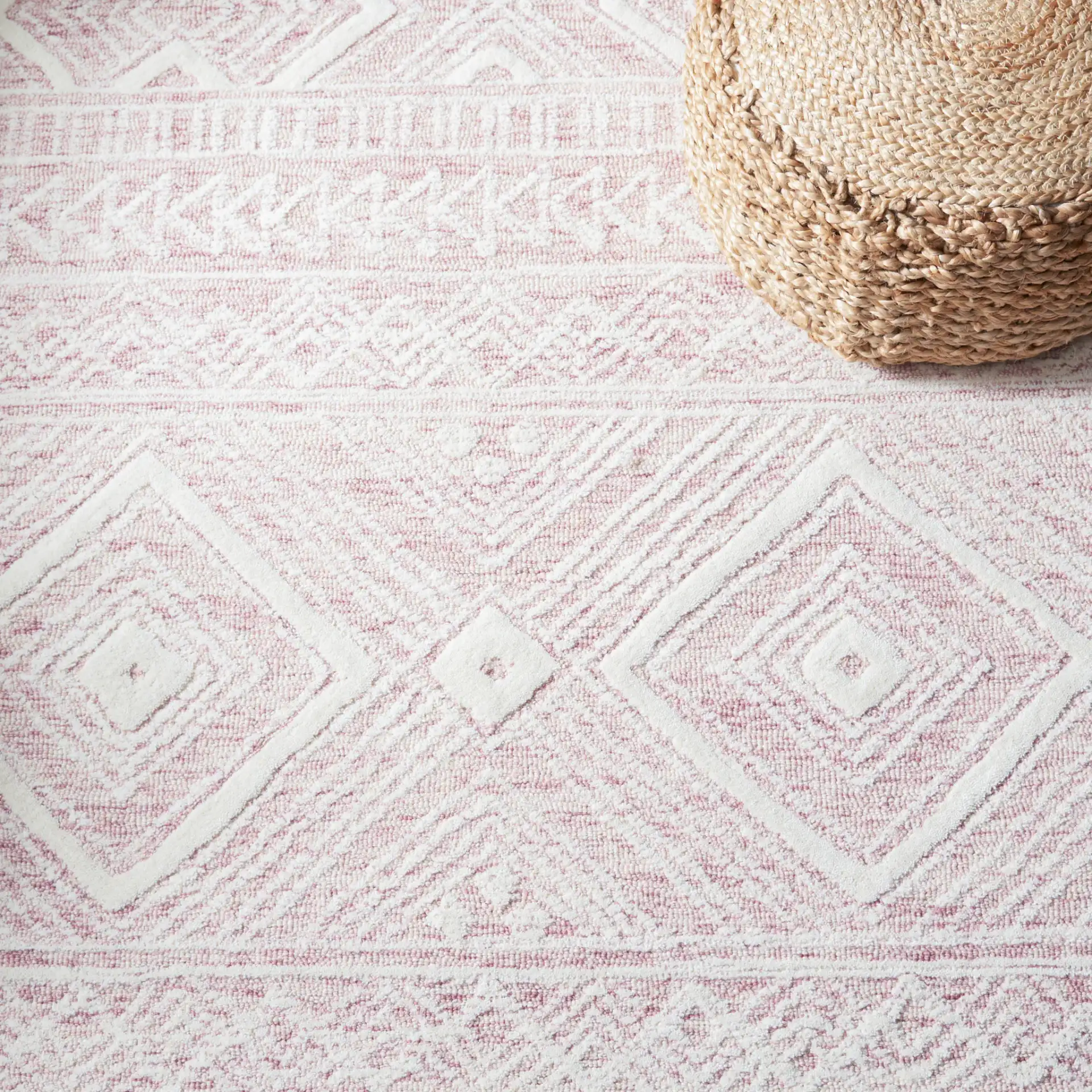 Metro Tribal Banded Hand-Tufted Wool Rug in Dark Pink / Ivory in a styled room