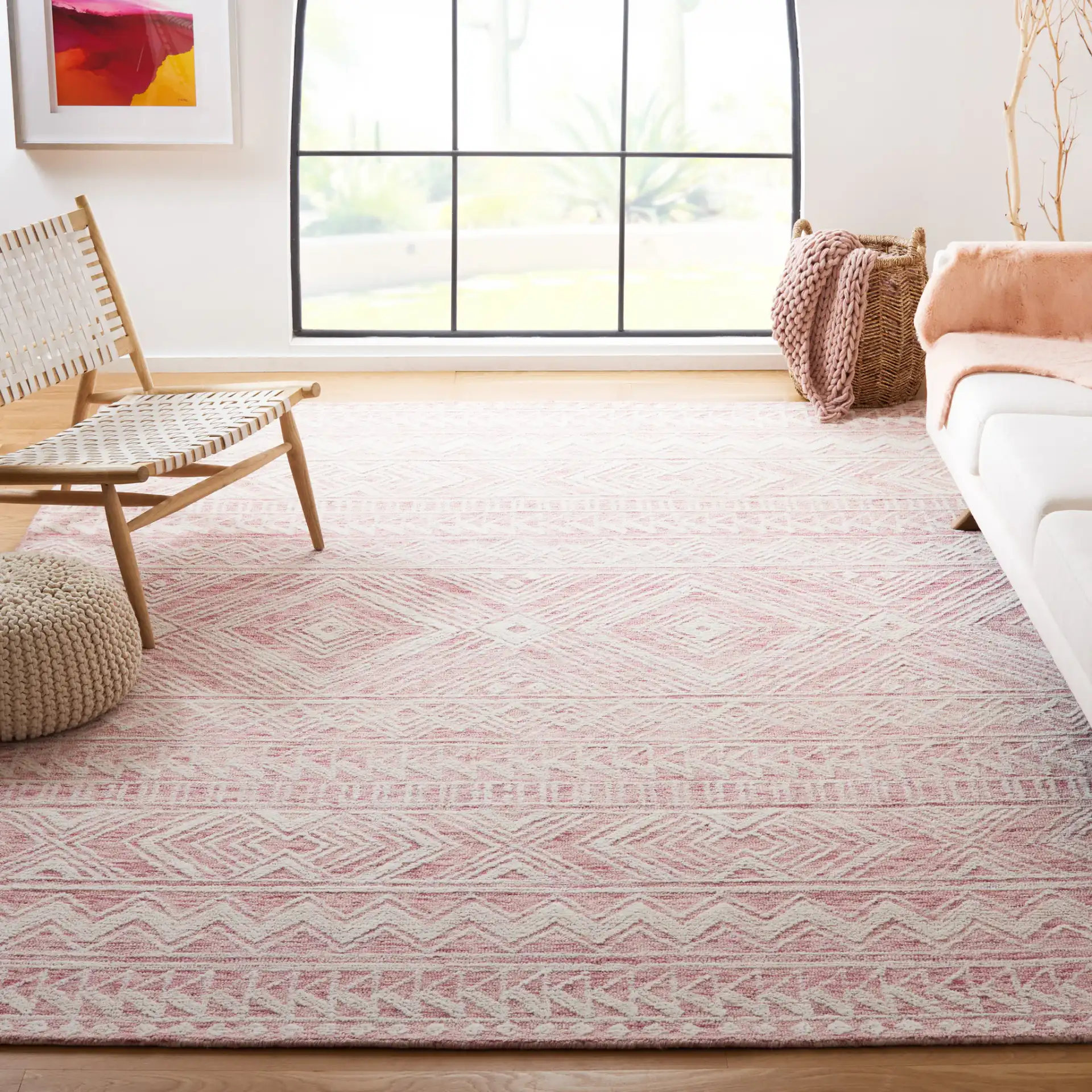 Metro Tribal Banded Hand-Tufted Wool Rug in Dark Pink / Ivory in a styled room