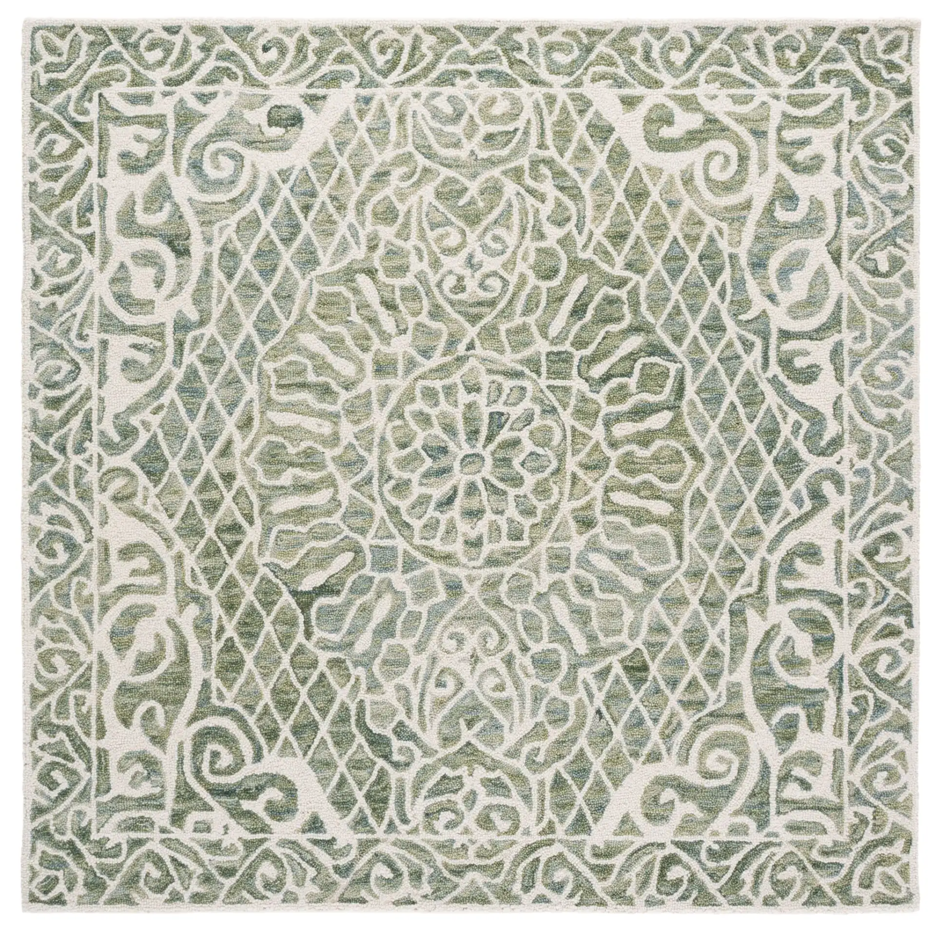 Metro Medallion Lattice Hand-Tufted Wool Rug in Green / Ivory