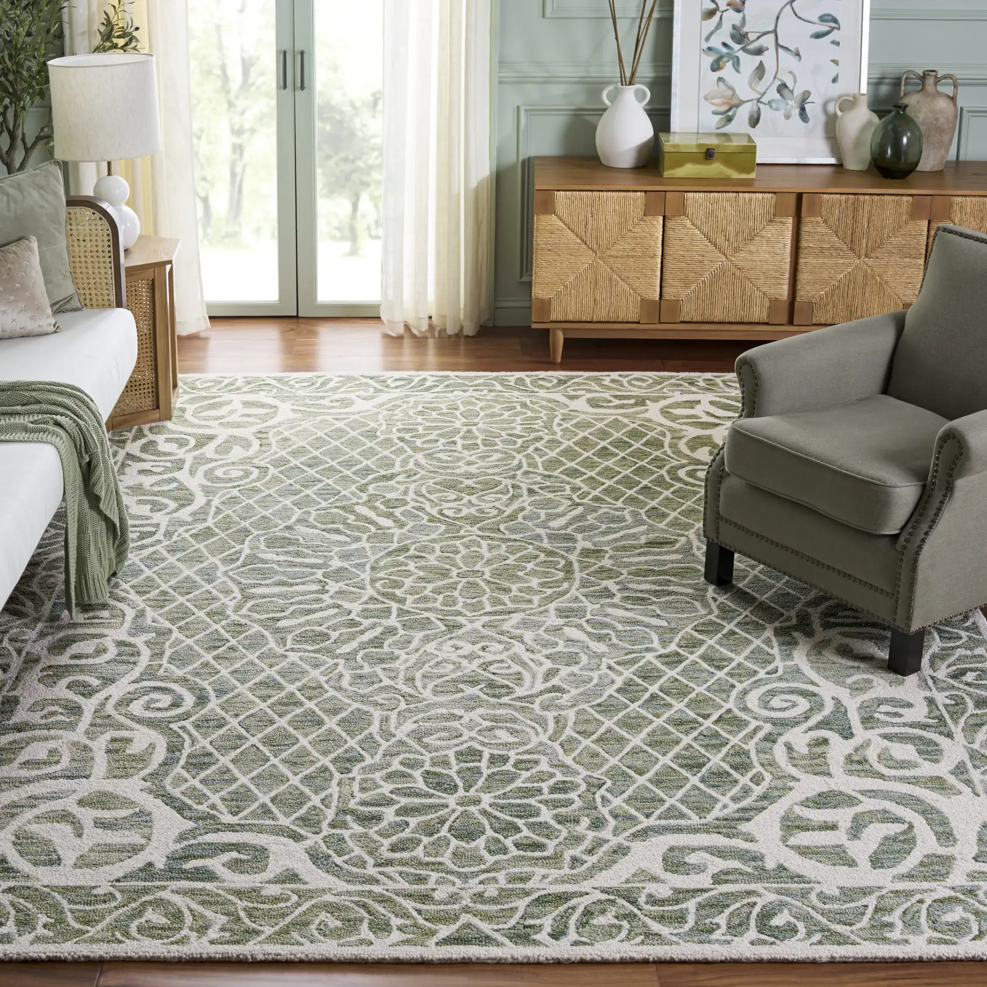 Metro Medallion Lattice Hand-Tufted Wool Rug in Green / Ivory in a styled room