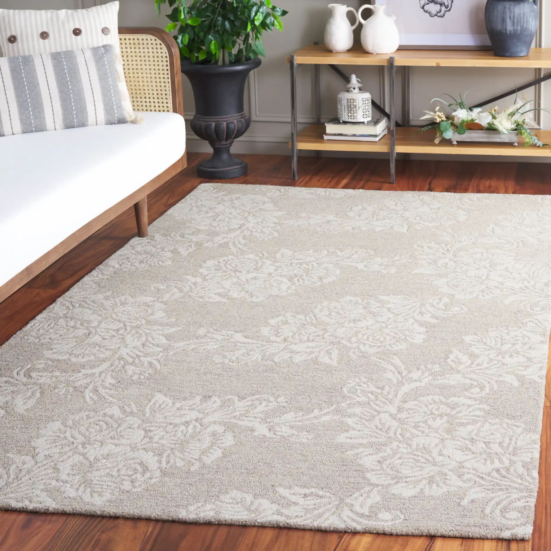 Metro Floral Bouquet Hand-Tufted Rug in Beige / Ivory in a styled room