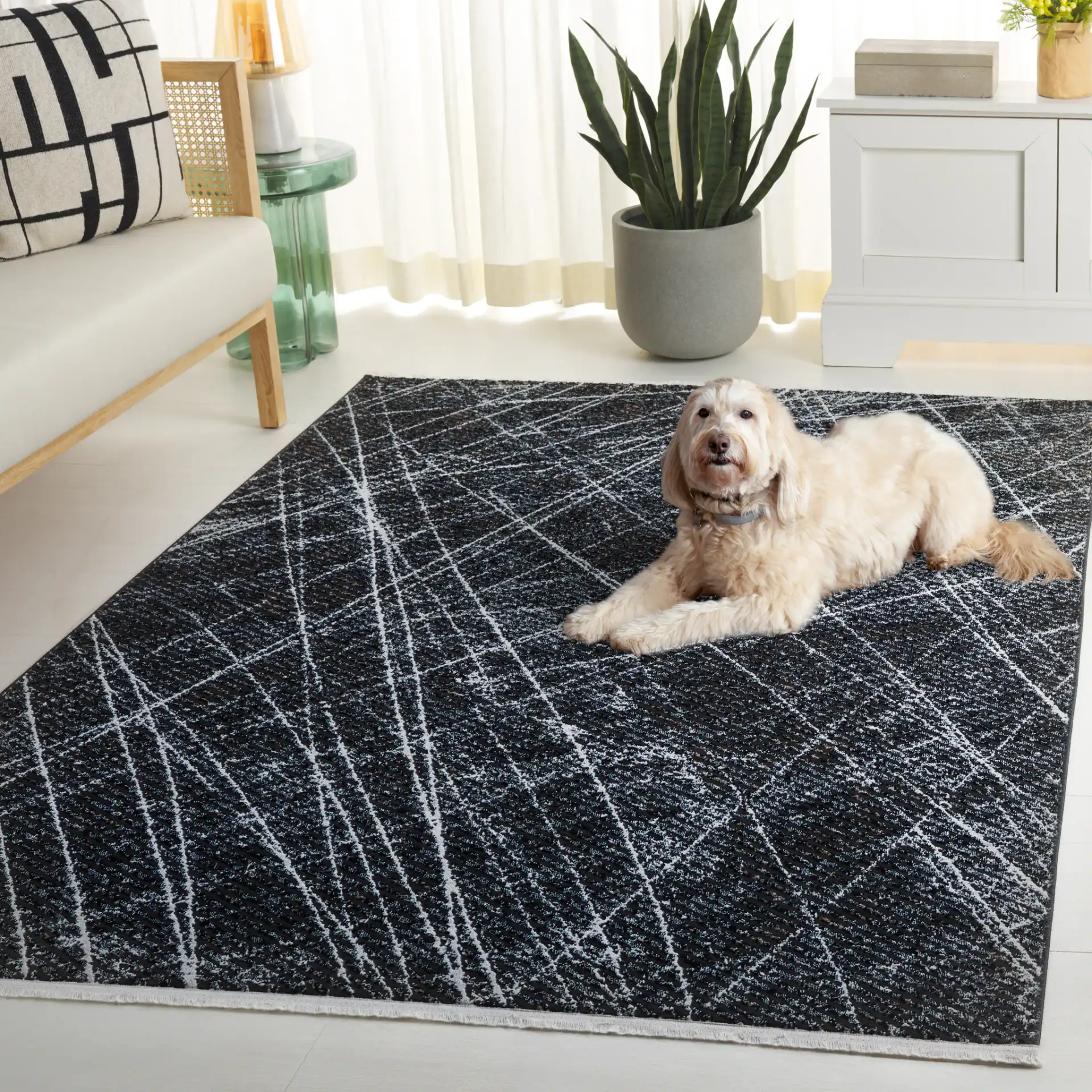 Mila Abstract Scribble Rug in Black / Beige Ivory in a styled room