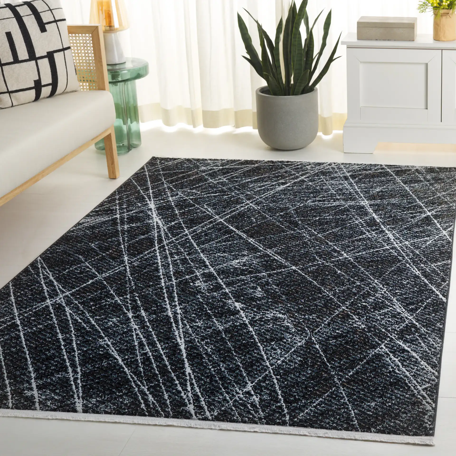 Mila Abstract Scribble Rug in Black / Beige Ivory in a styled room