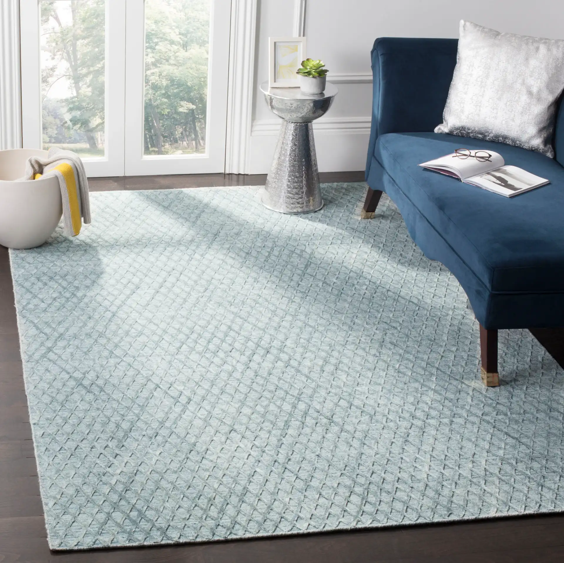 Mirage Diamond Grid Hand-Loomed Rug in Indigo in a styled room