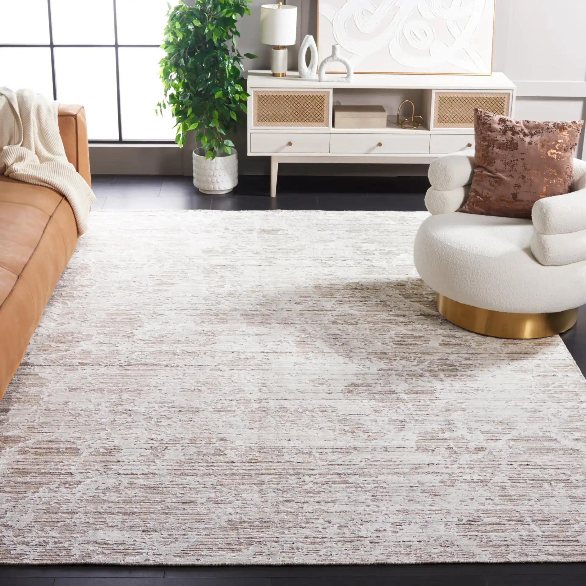 Mirage Abstract Crackle Hand-Loomed Rug in Ivory / Taupe in a styled room