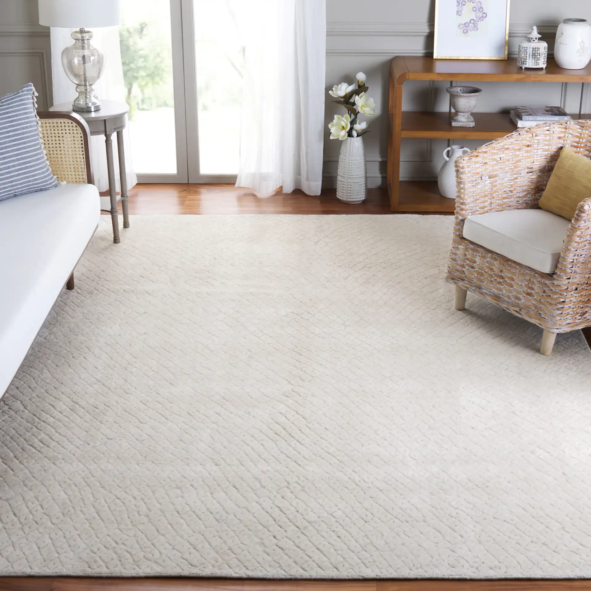 Mirage Micro-Diamond Hand-Loomed Rug in Ivory in a styled room