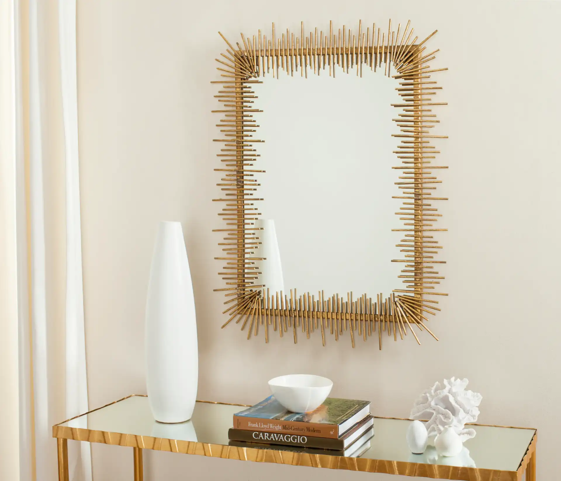 Sunray Mirror in Antique Gold in a styled room