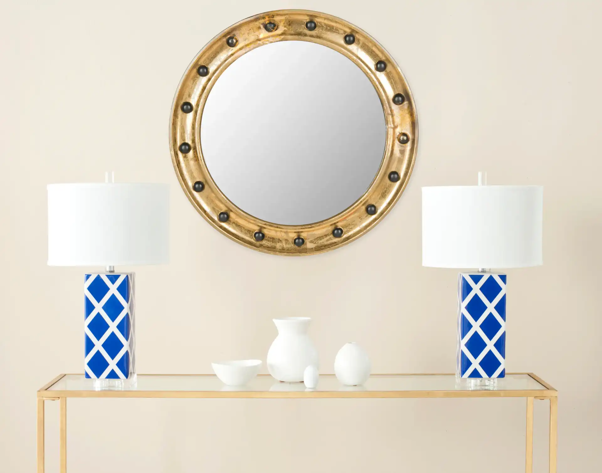 Mariner Porthole Mirror in Antique Gold in a styled room