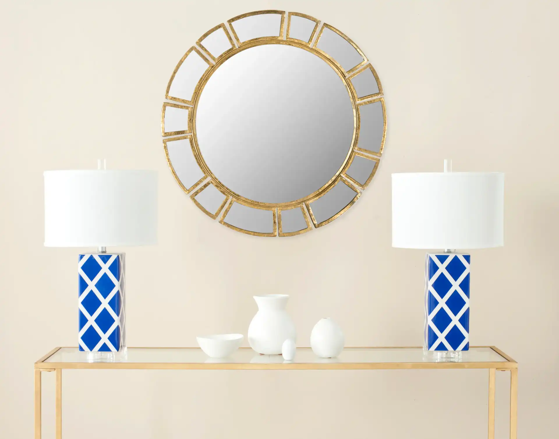 Deco Sunburst Mirror in Antique Gold in a styled room