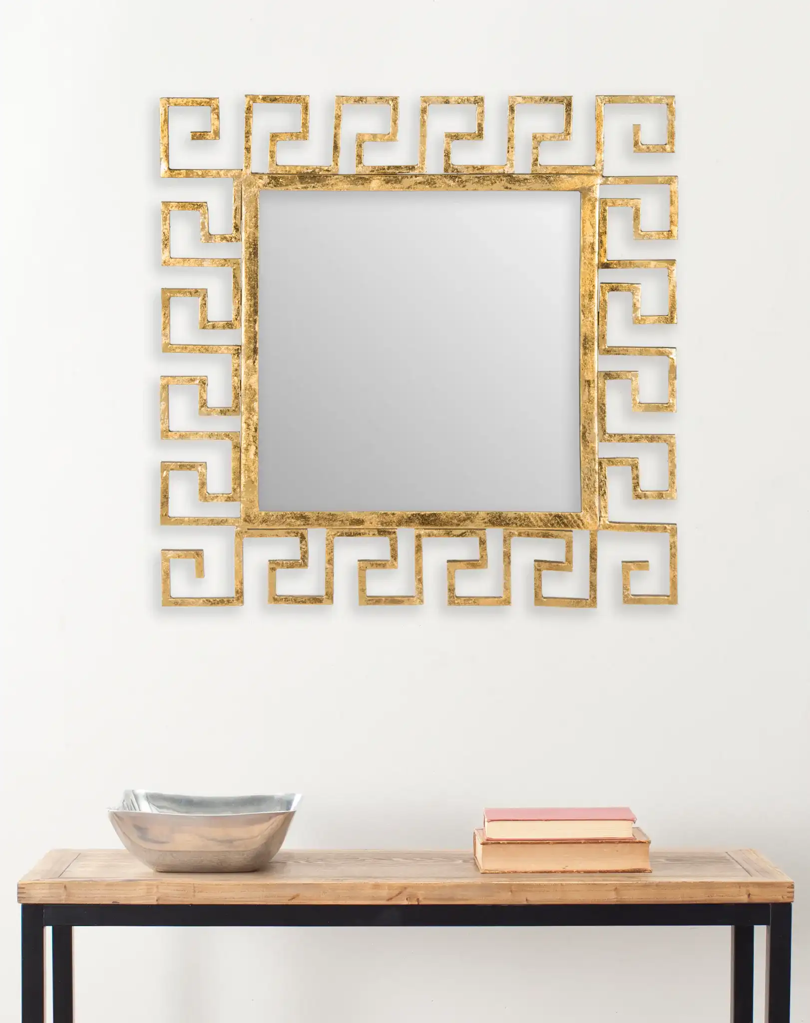 Calliope Greek Key Mirror in Antique Gold in a styled room