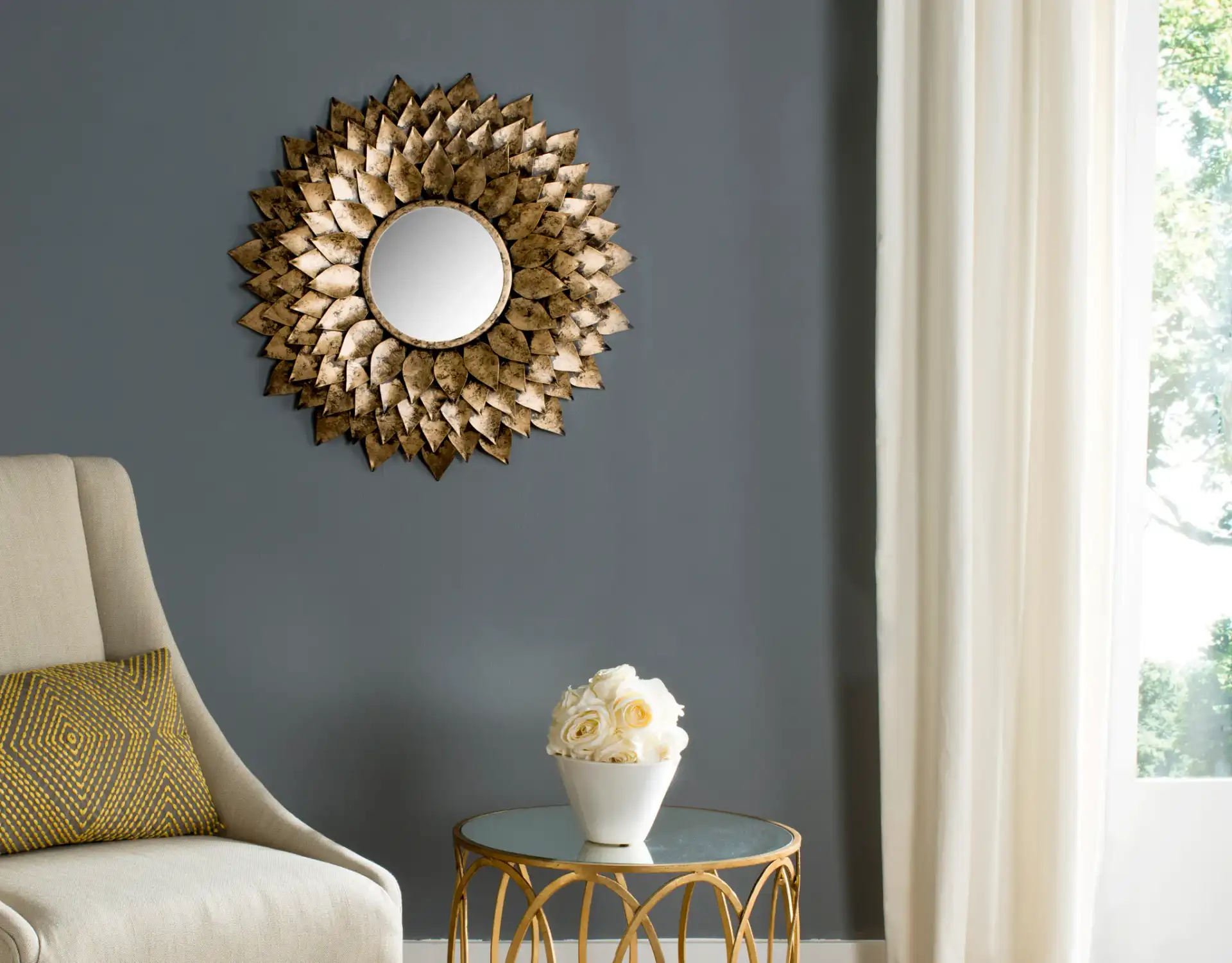 Provence Sunburst Mirror in Gold in a styled room