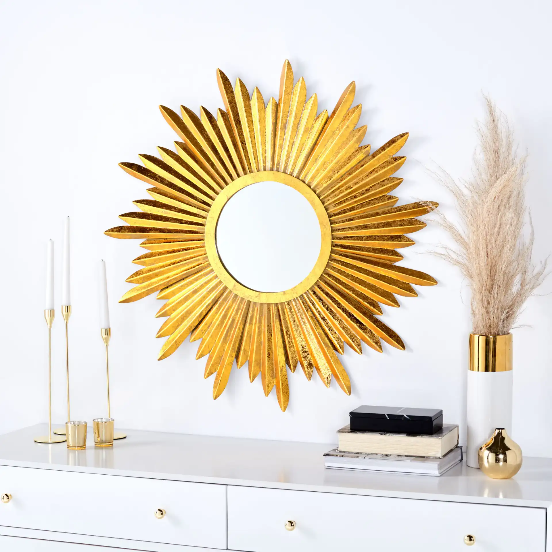 Josephine Sunburst Mirror in Antique Gold in a styled room