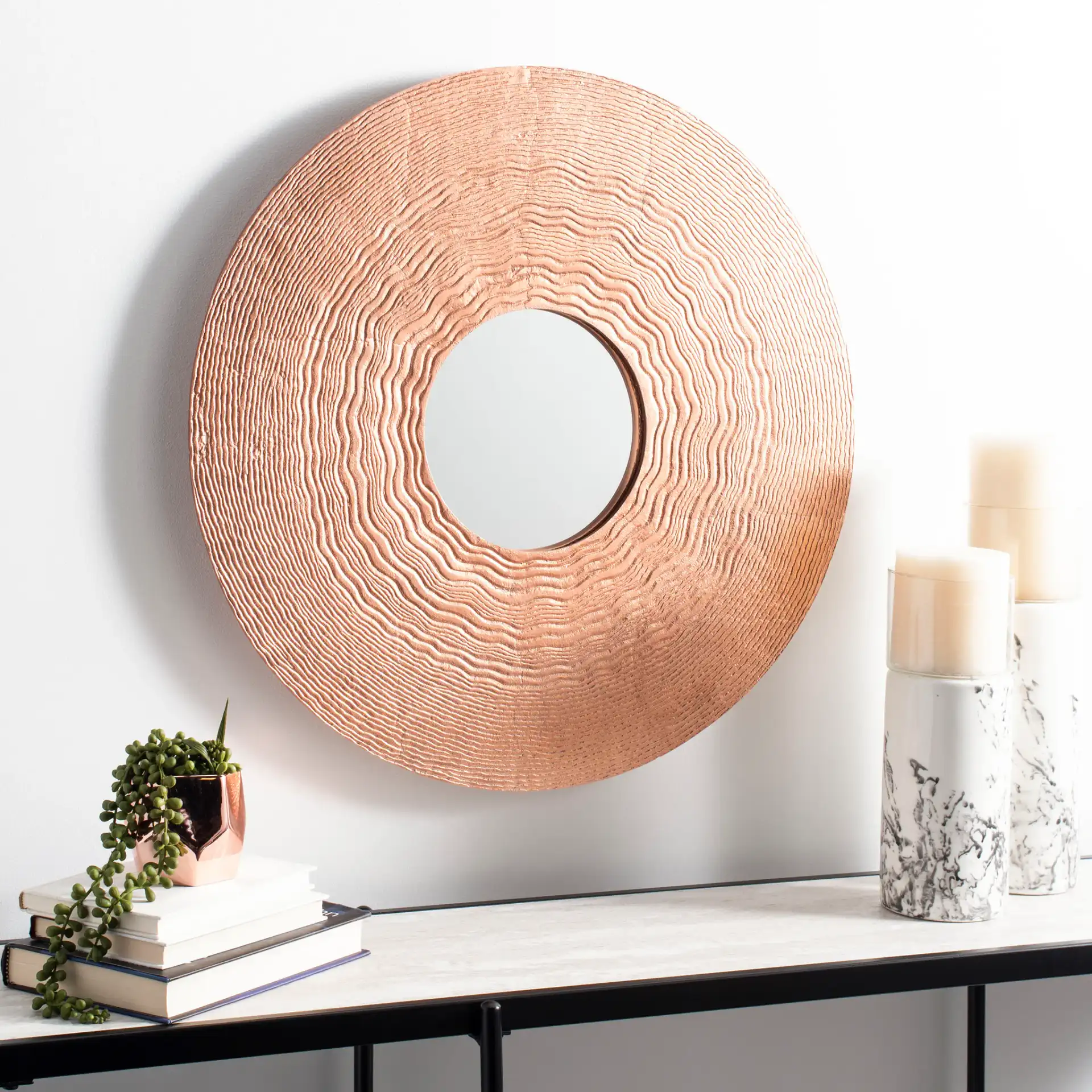 Dover Mirror in Brushed Copper in a styled room