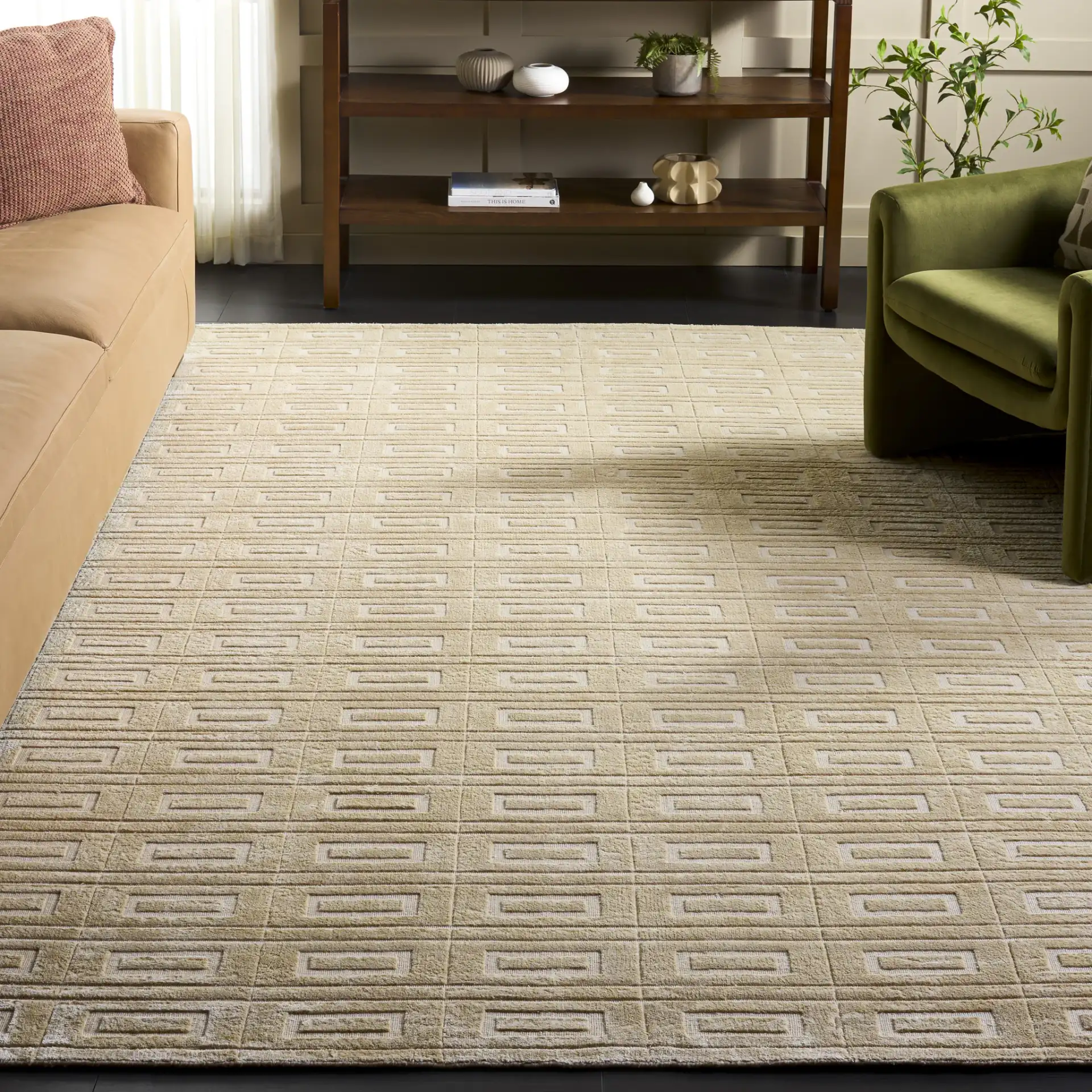 Mirage Rectangle Grid Hand-Loomed Rug in Champagne in a styled room