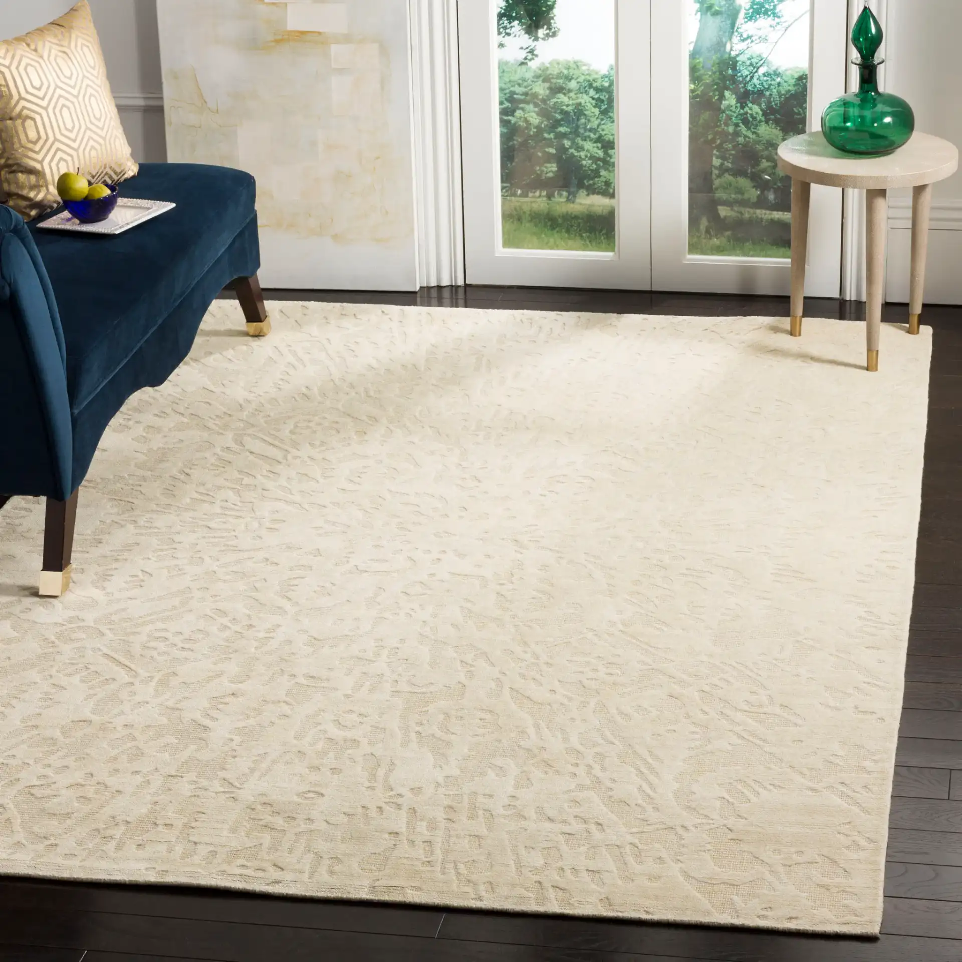 Mirage Radial Burst Hand-Loomed Rug in Beige in a styled room