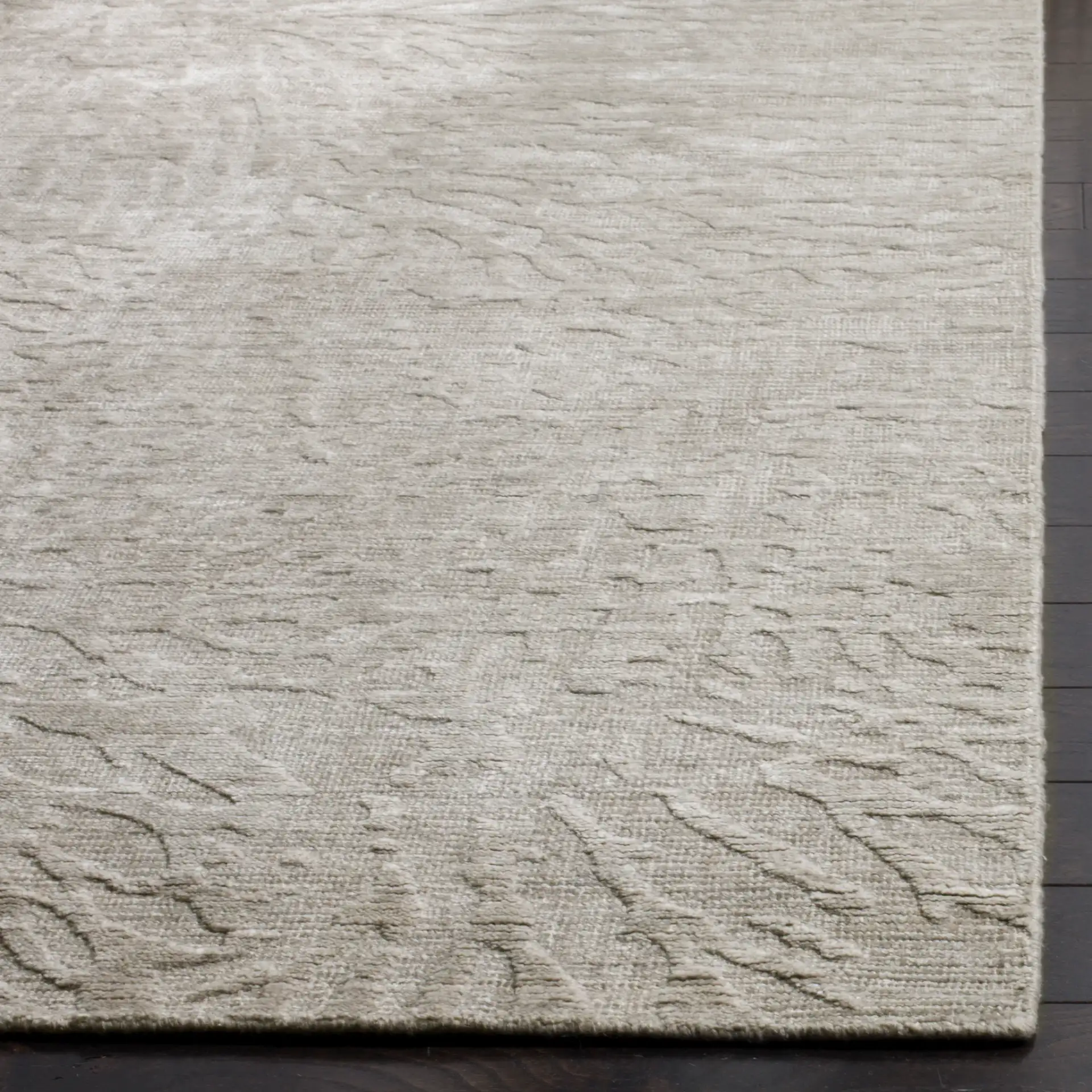 Mirage Coral Hand-Loomed Rug in Gray in a styled room