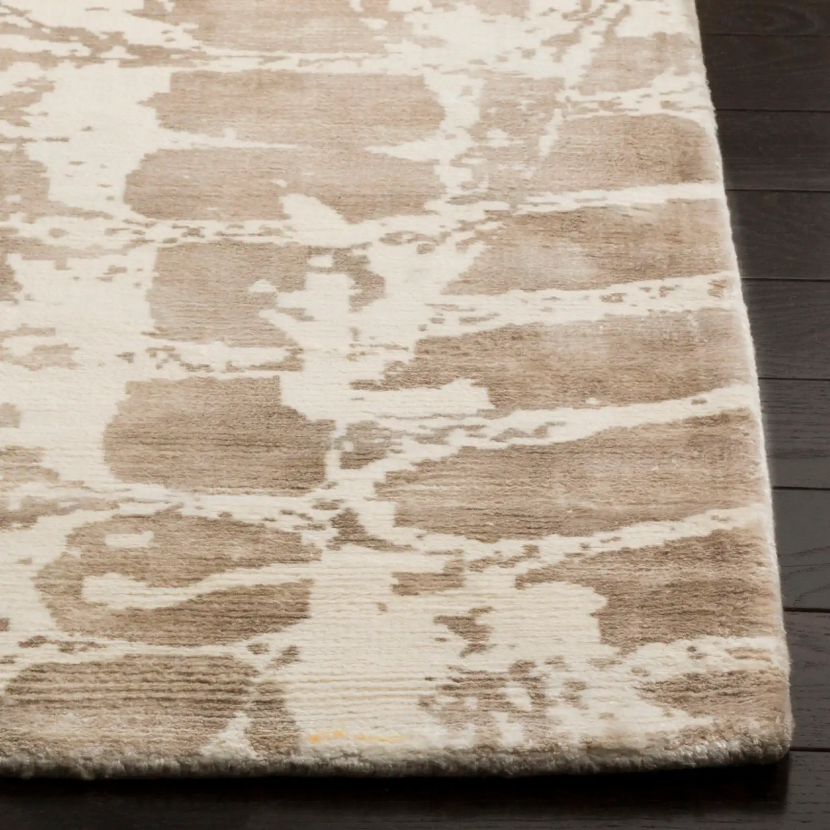 Mirage Abstract Bark Hand-Loomed Viscose Rug in Ivory / Brown in a styled room