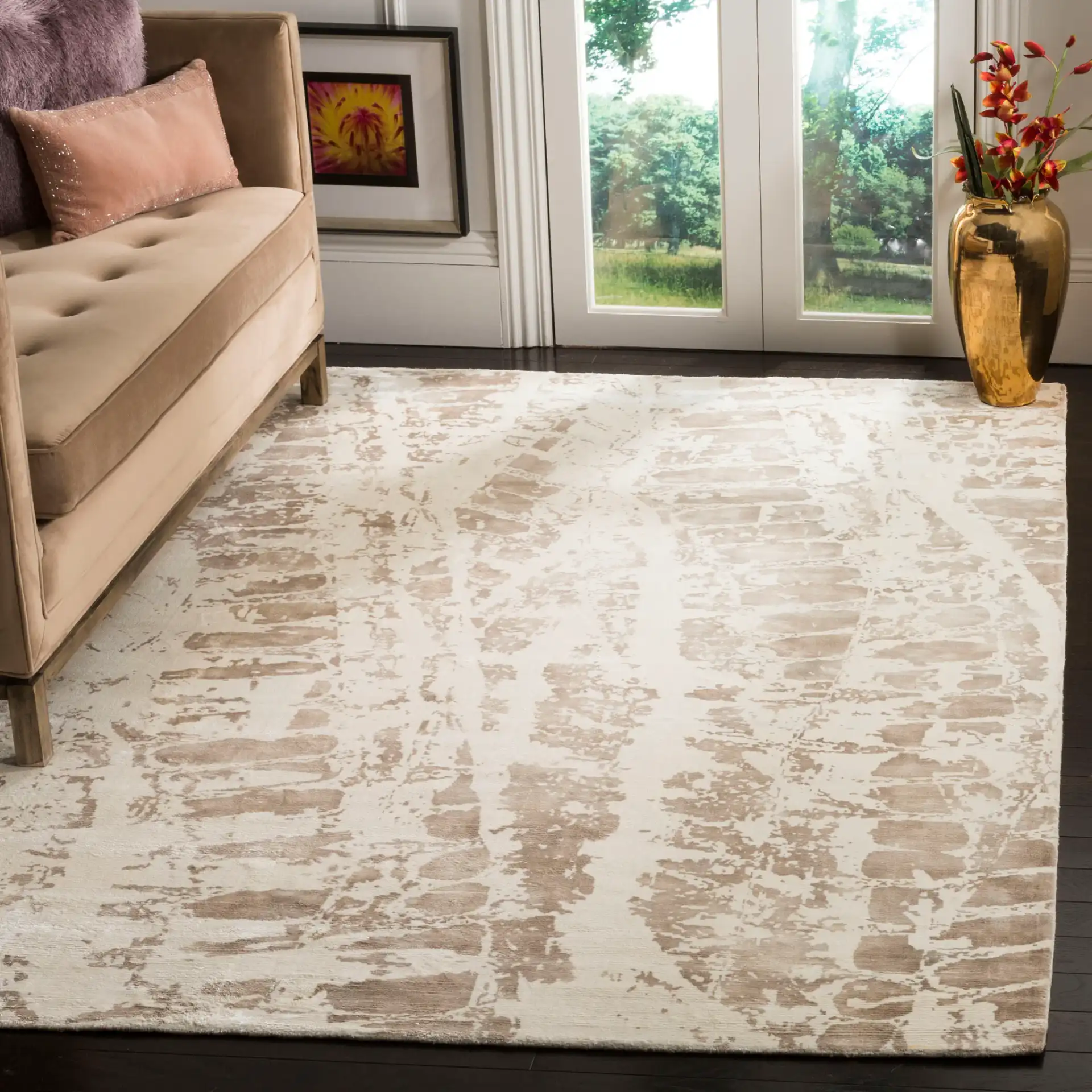Mirage Abstract Bark Hand-Loomed Viscose Rug in Ivory / Brown in a styled room