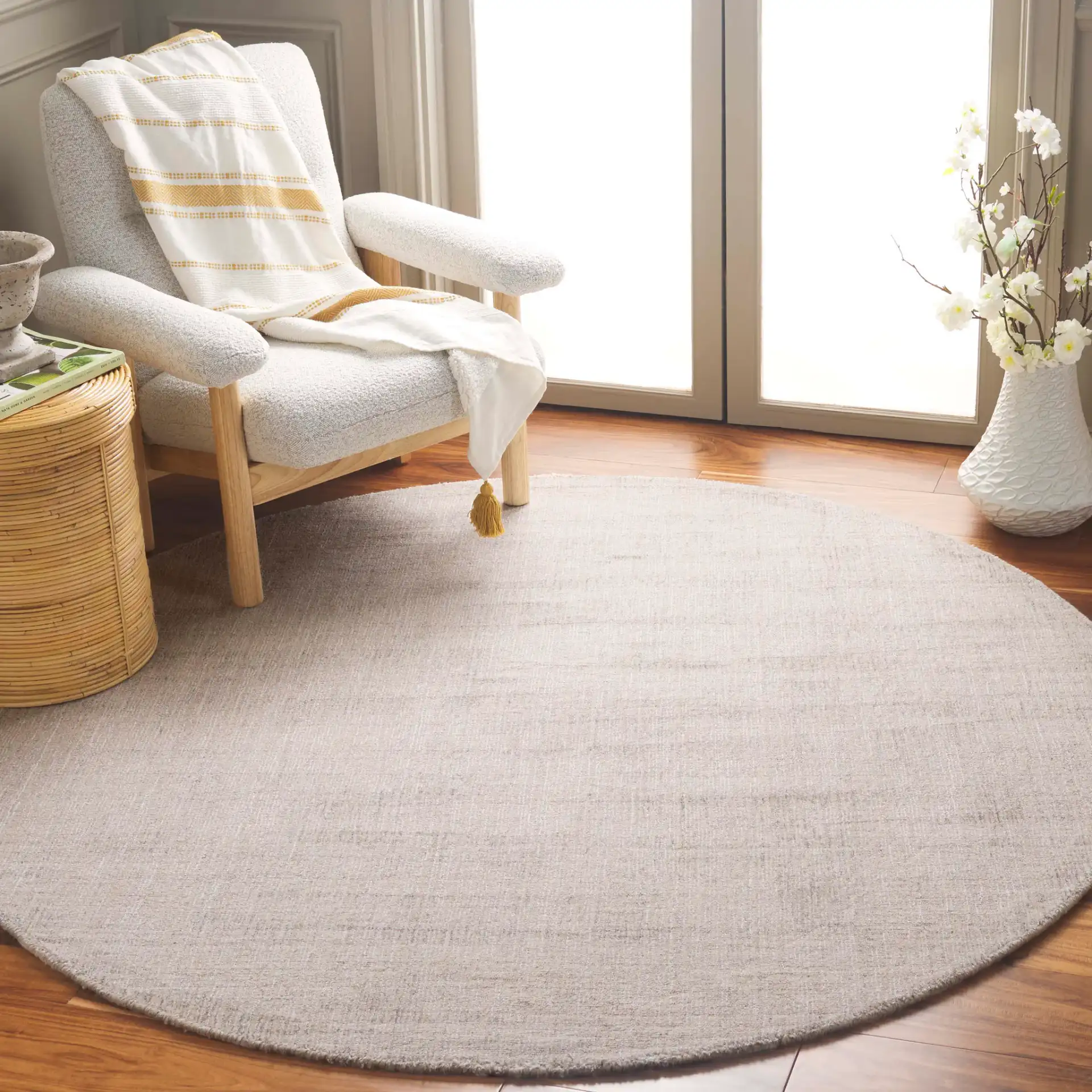 Mirage Textured Linear Hand-Loomed Rug in Beige in a styled room