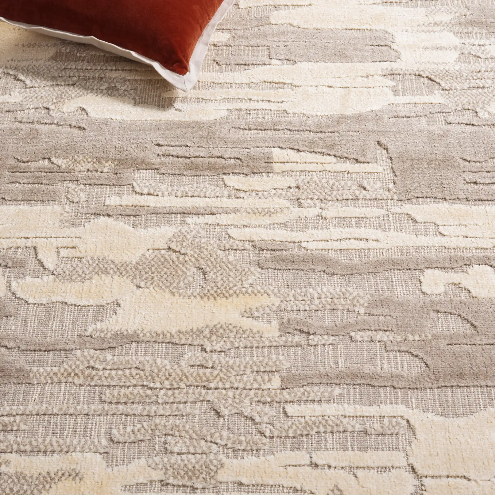 Mirage Abstract Stripe Hand-Loomed Rug in Brown / Gray in a styled room