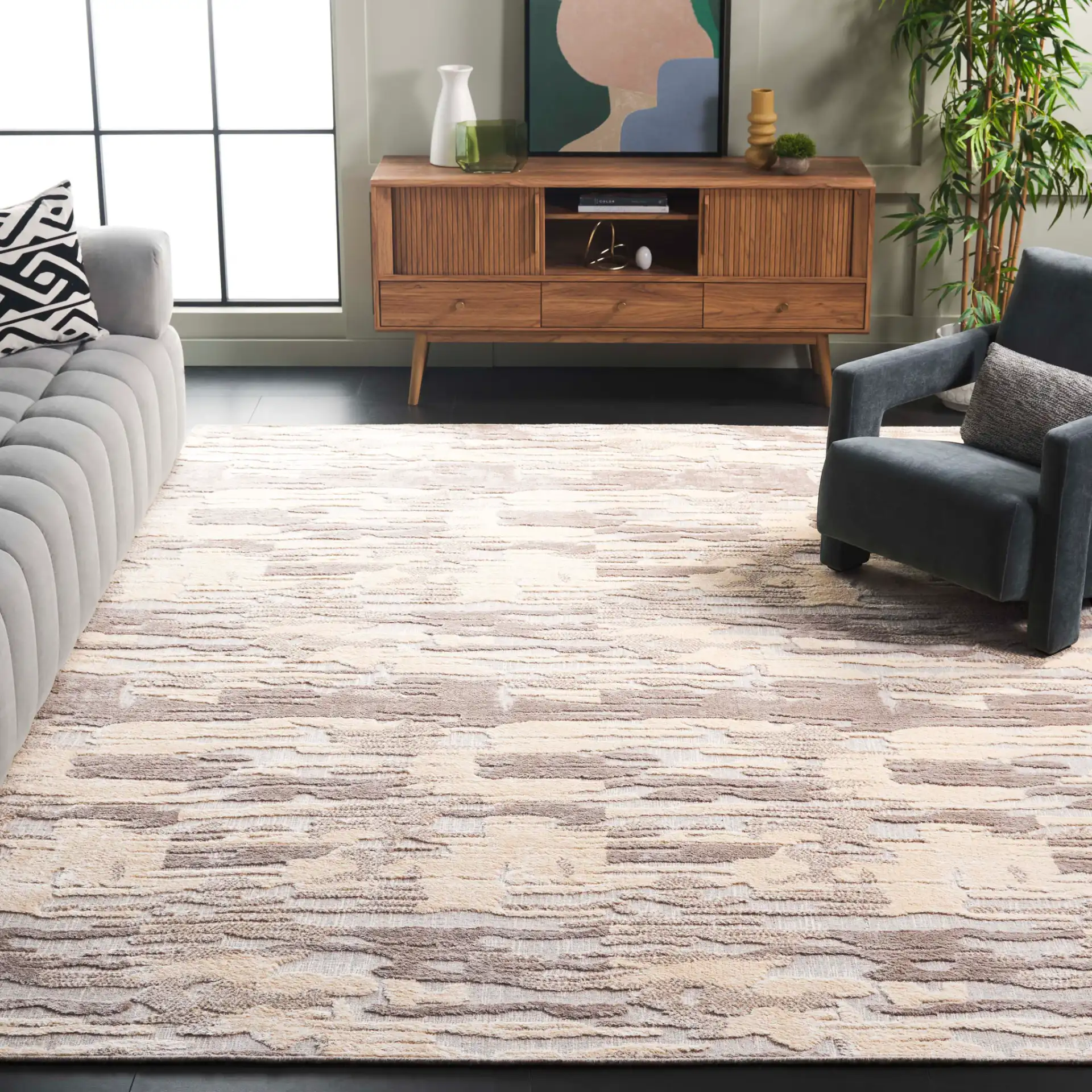 Mirage Abstract Stripe Hand-Loomed Rug in Brown / Gray in a styled room