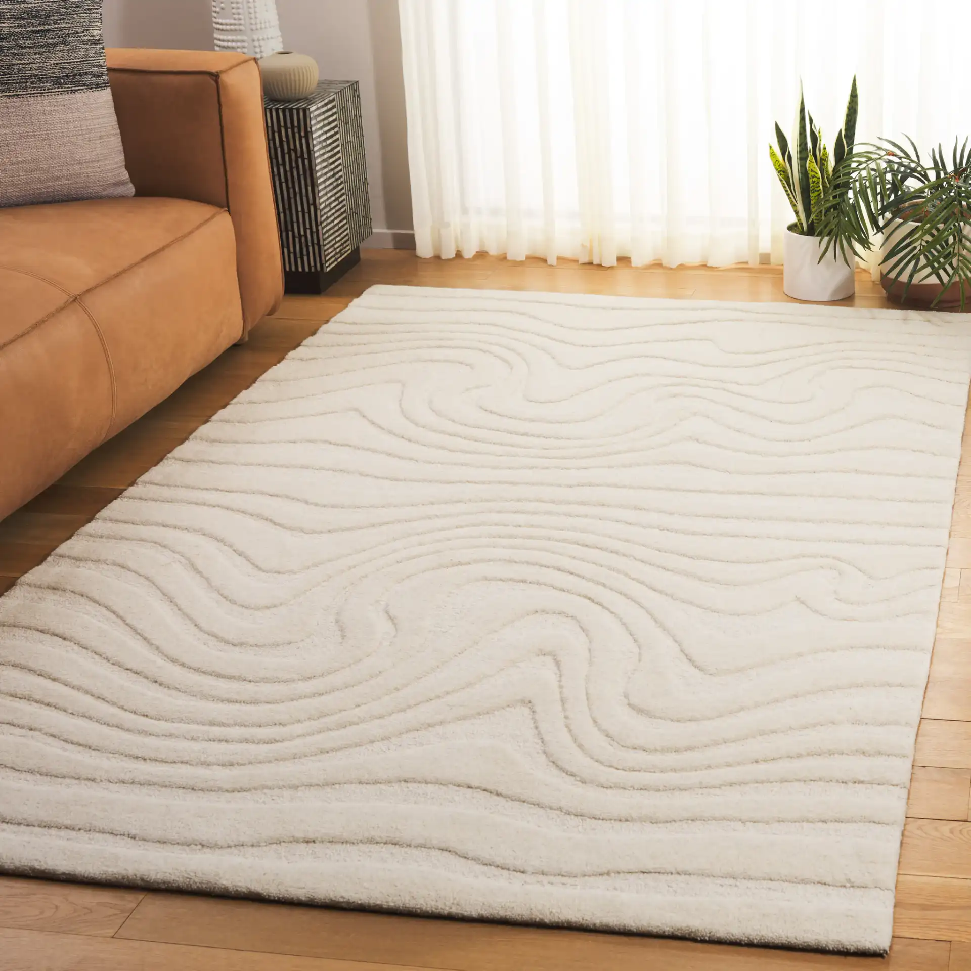 Mykonos Organic Wave Hand-Tufted Wool Rug in Ivory in a styled room