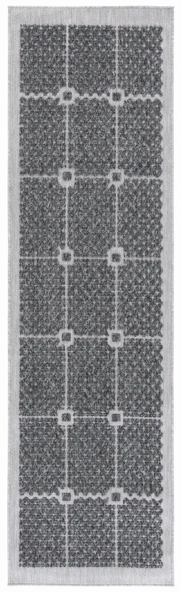 Milos Grid Border Outdoor Rug in Charcoal, detail view