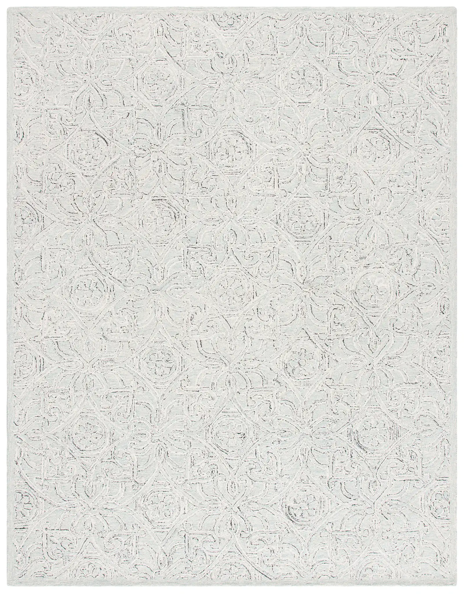 Micro-Loop Arabesque Tile Hand-Tufted Wool Rug in Gray / Ivory