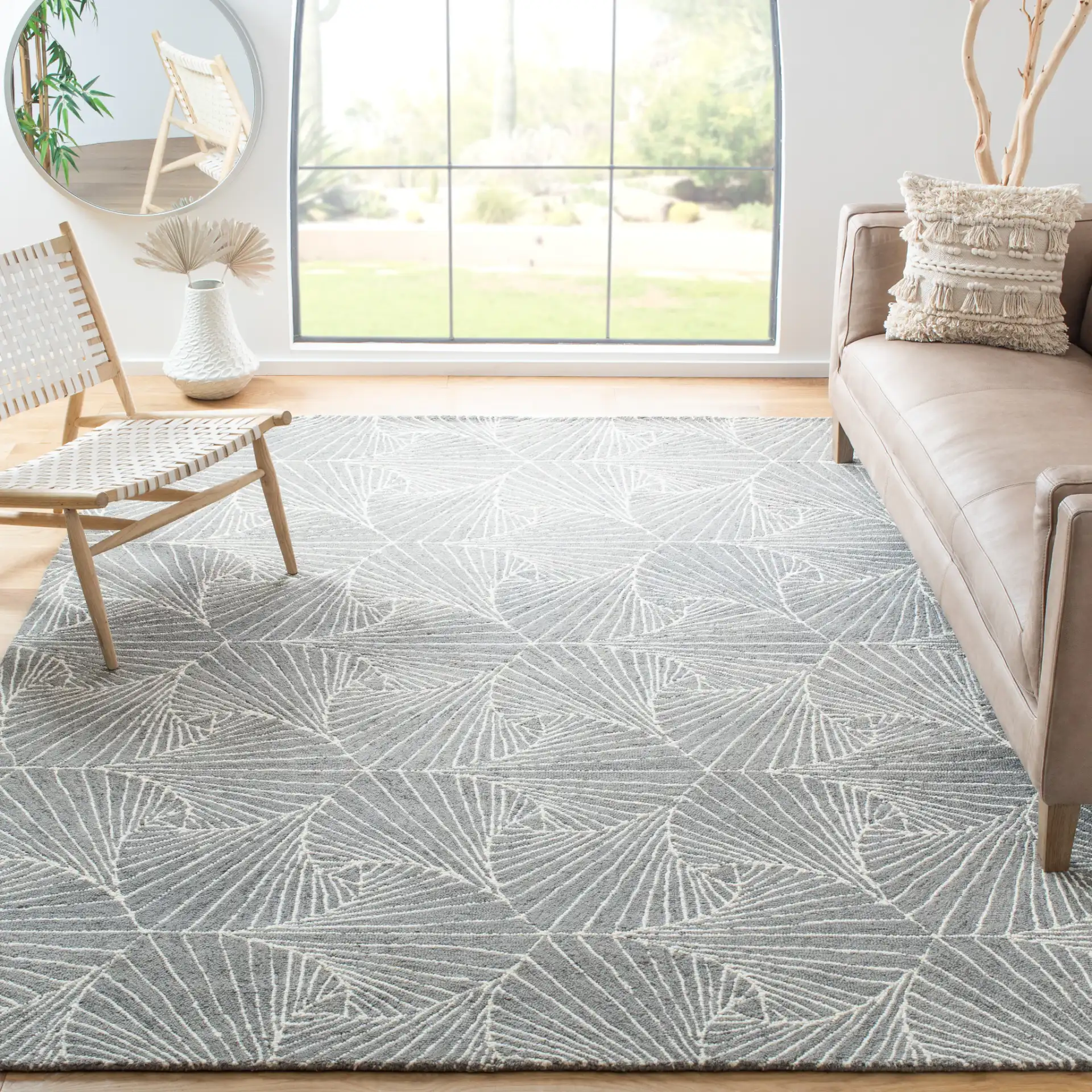 Micro-Loop Swirling Geometric Hand-Tufted Wool Rug in Gray / Ivory in a styled room