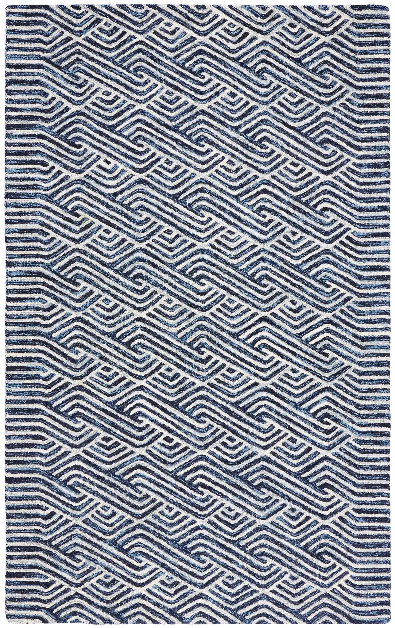 Micro-Loop Chevron Fretwork Hand-Tufted Wool Rug in Dark Blue / Ivory