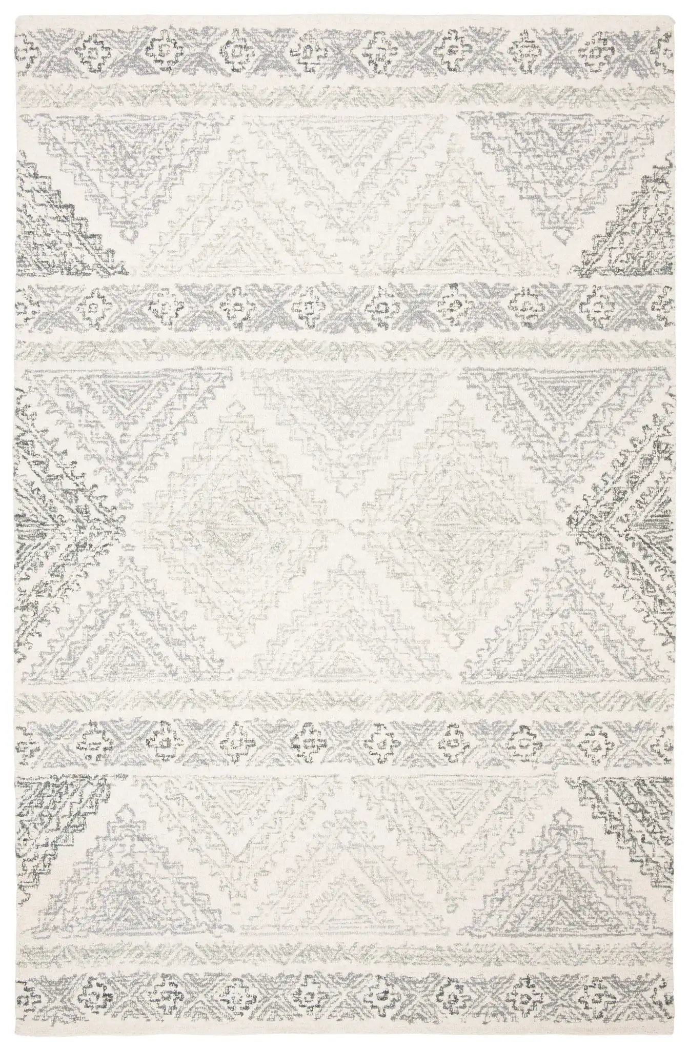 Micro-Loop Banded Geometric Hand-Tufted Rug in Ivory / Gray