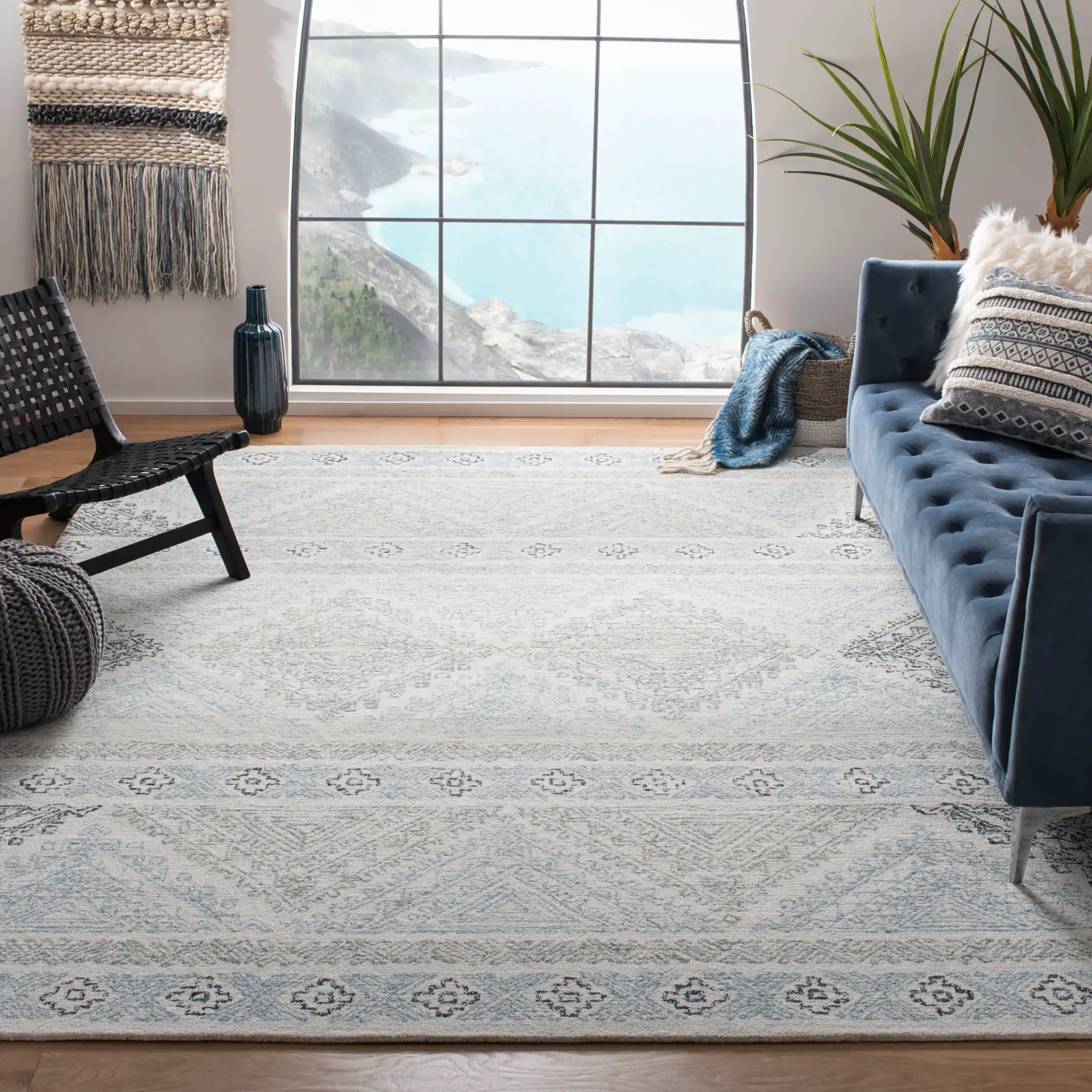 Micro-Loop Banded Geometric Hand-Tufted Rug in Ivory / Gray in a styled room