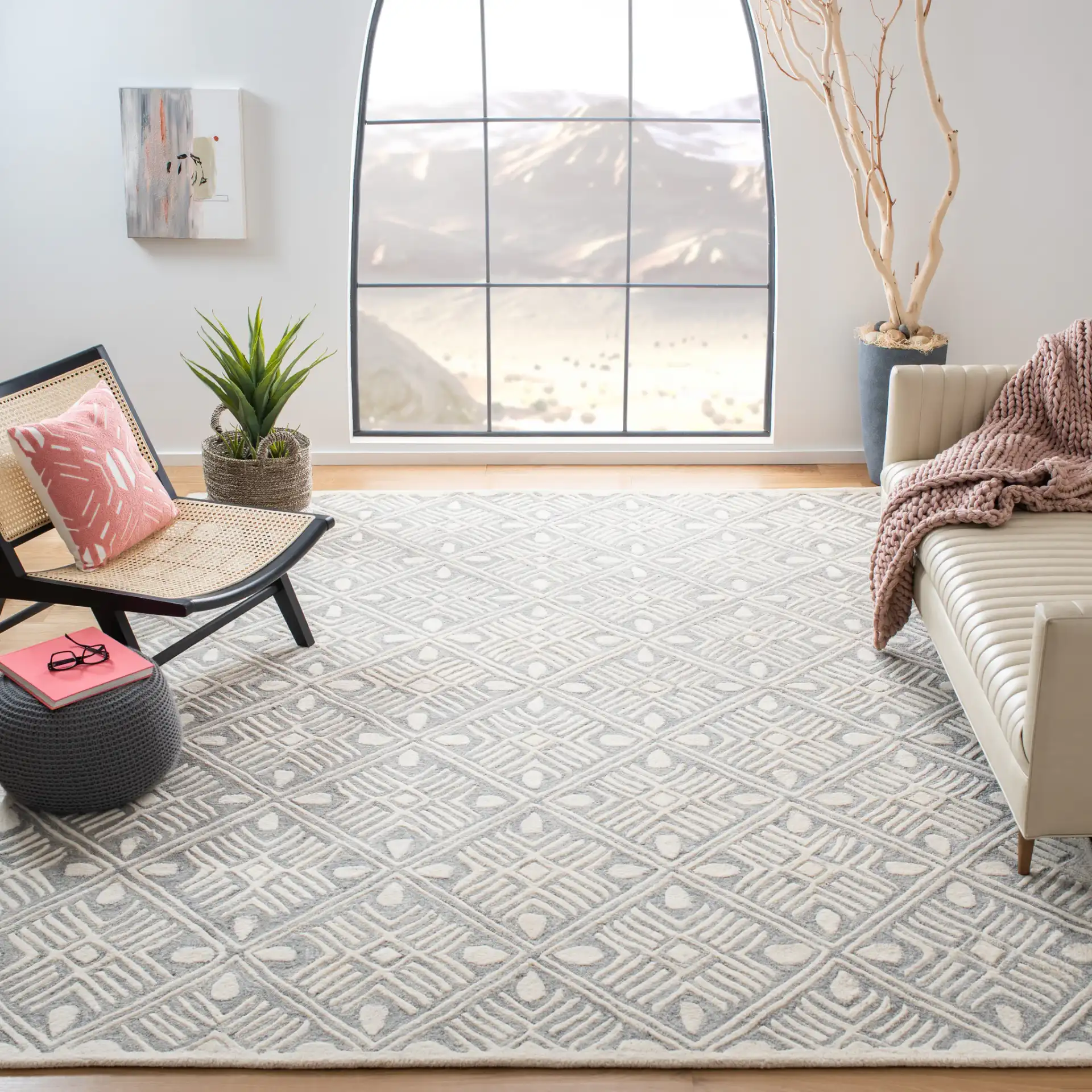 Micro-Loop Diamond Grid Hand-Tufted Wool Rug in Gray / Ivory in a styled room