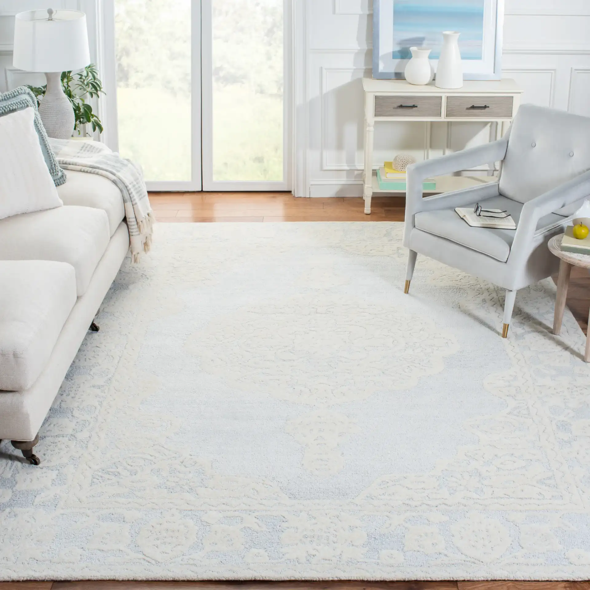 Micro-Loop Medallion Hand-Tufted Wool Rug in Ivory / Gray in a styled room