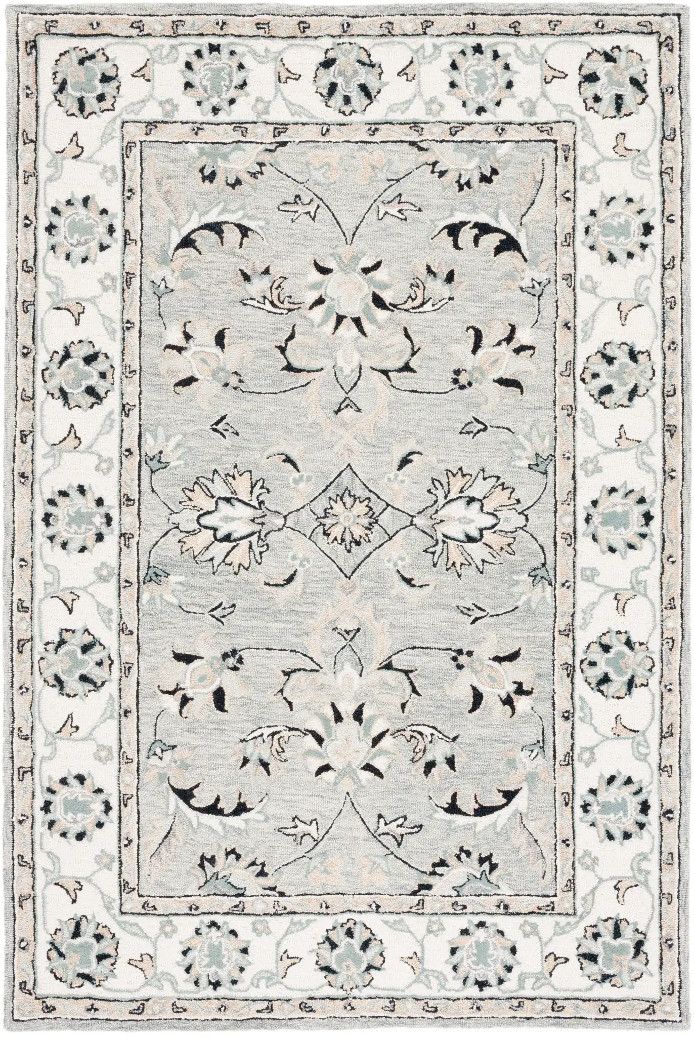 Micro-Loop Palmette Border Hand-Tufted Wool Rug in Gray / Ivory