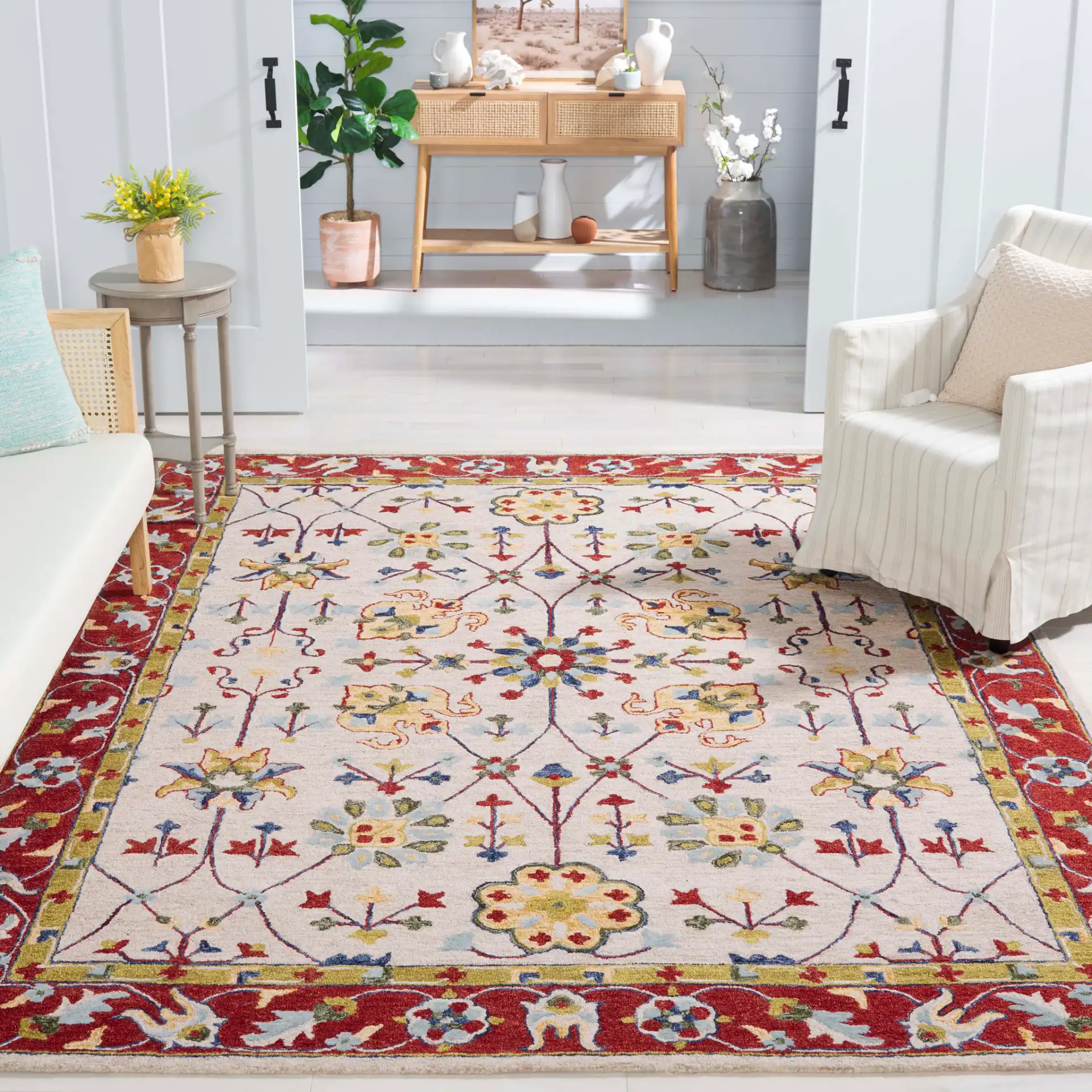 Micro-Loop Bordered Floral Trellis Hand-Tufted Wool Rug in Beige / Rust in a styled room