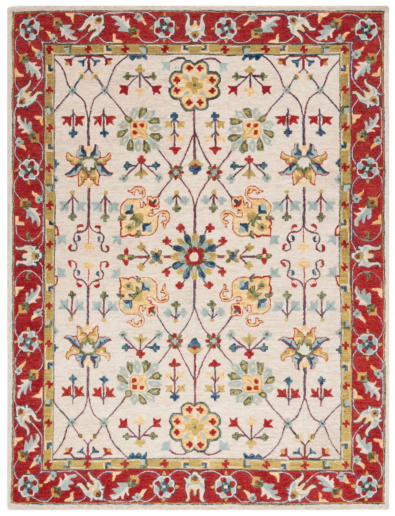 Micro-Loop Bordered Floral Trellis Hand-Tufted Wool Rug in Beige / Rust