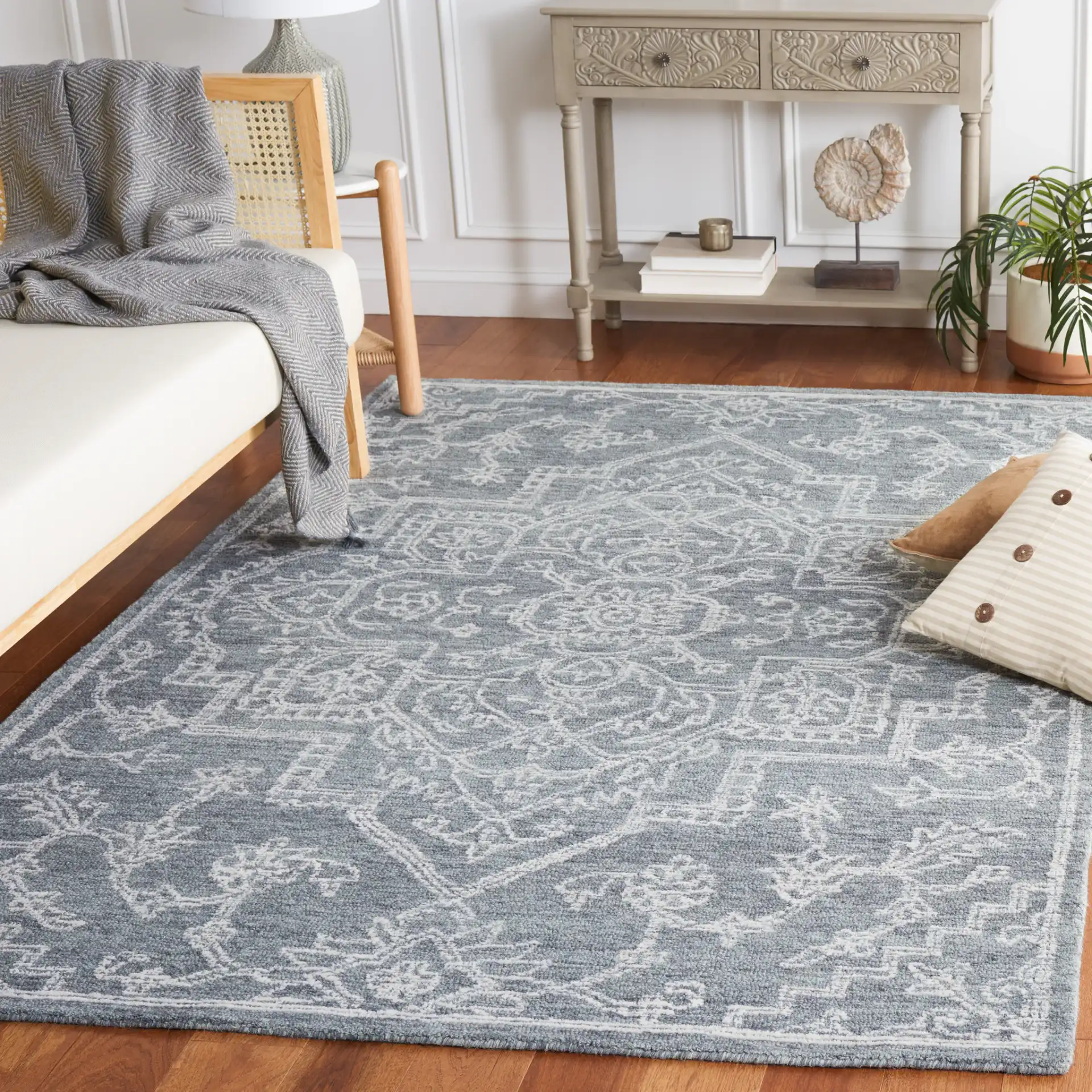 Micro-Loop Medallion Wool Rug in Gray / Ivory in a styled room