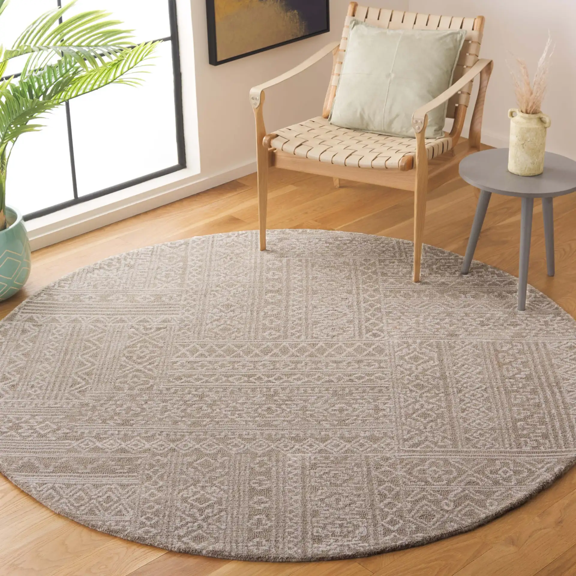 Micro-Loop Patchwork Geometric Hand-Tufted Wool Rug in Beige / Ivory in a styled room