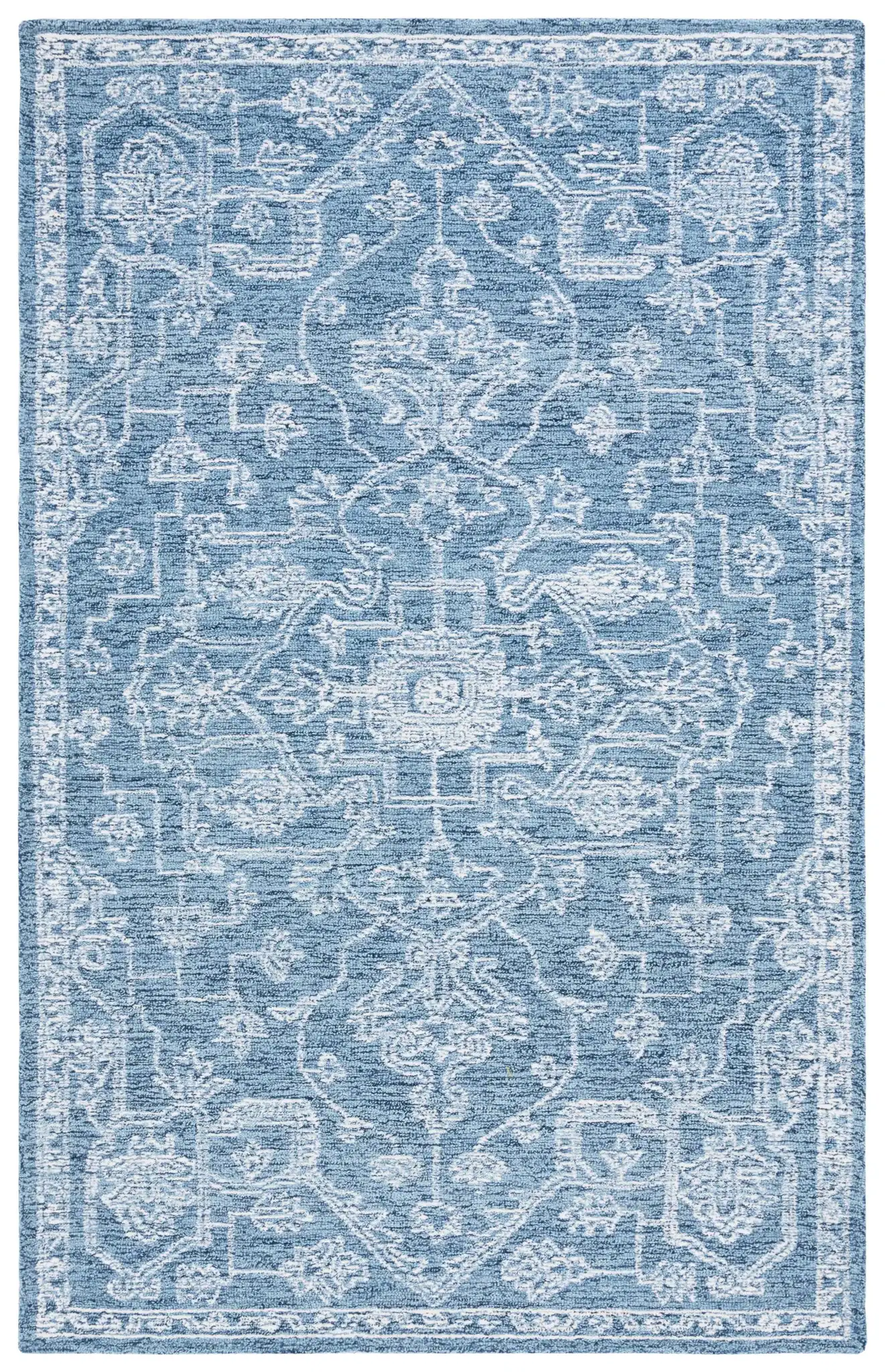 Micro-Loop Diamond Medallion Wool Rug in Blue / Ivory