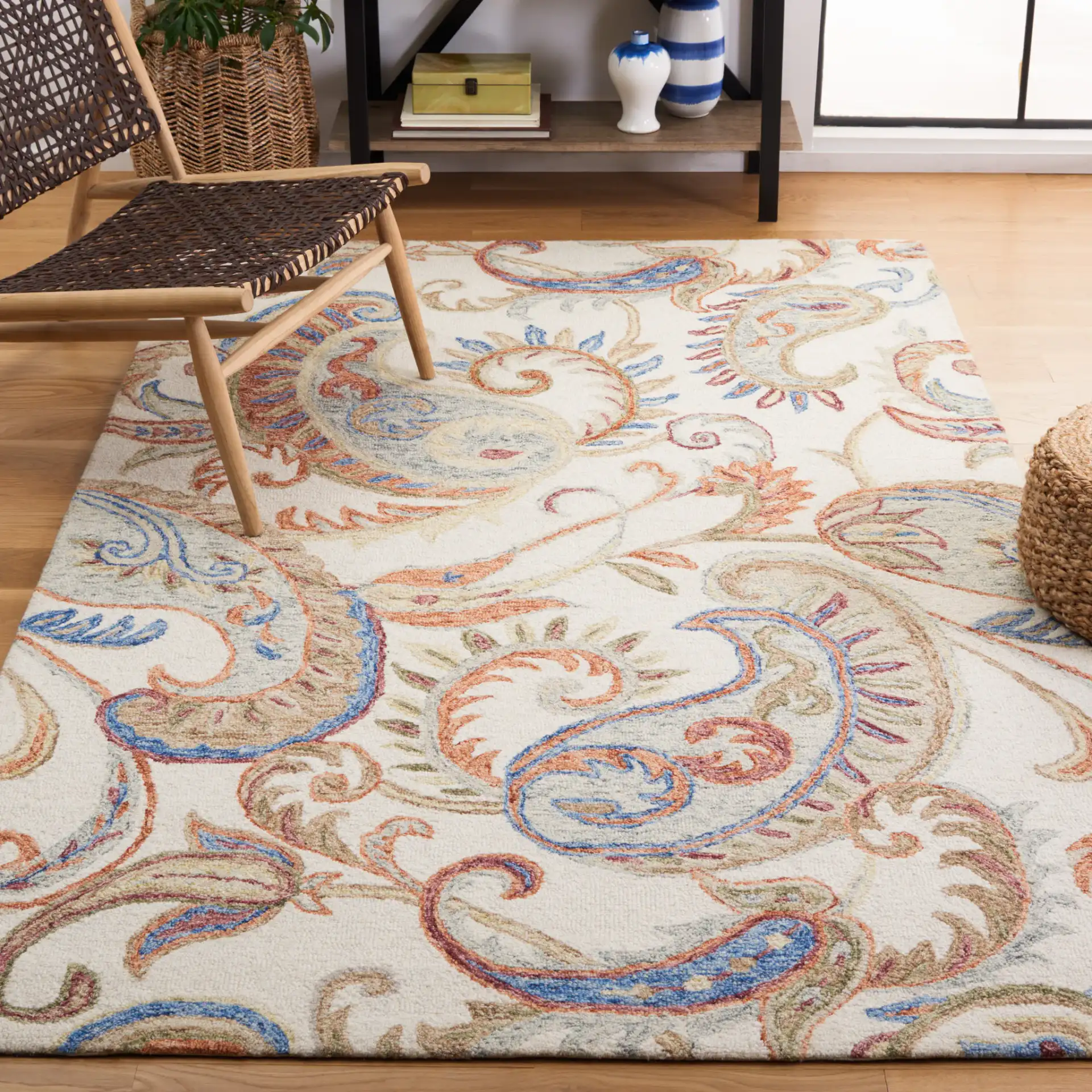Micro-Loop Paisley Hand-Tufted Wool Rug in Ivory / Rust in a styled room