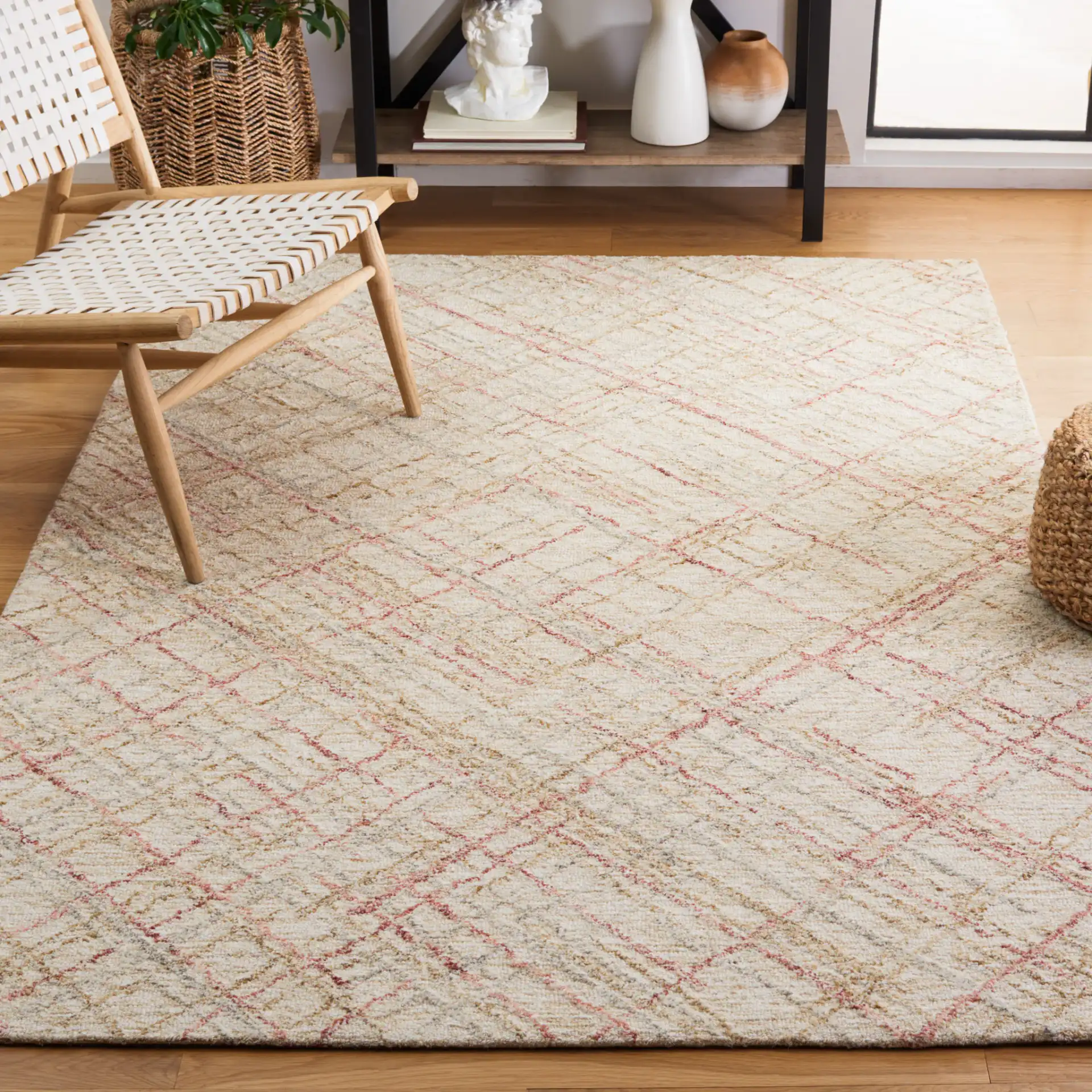 Micro-Loop Crosshatch Grid Hand-Tufted Wool Rug in Ivory / Red in a styled room