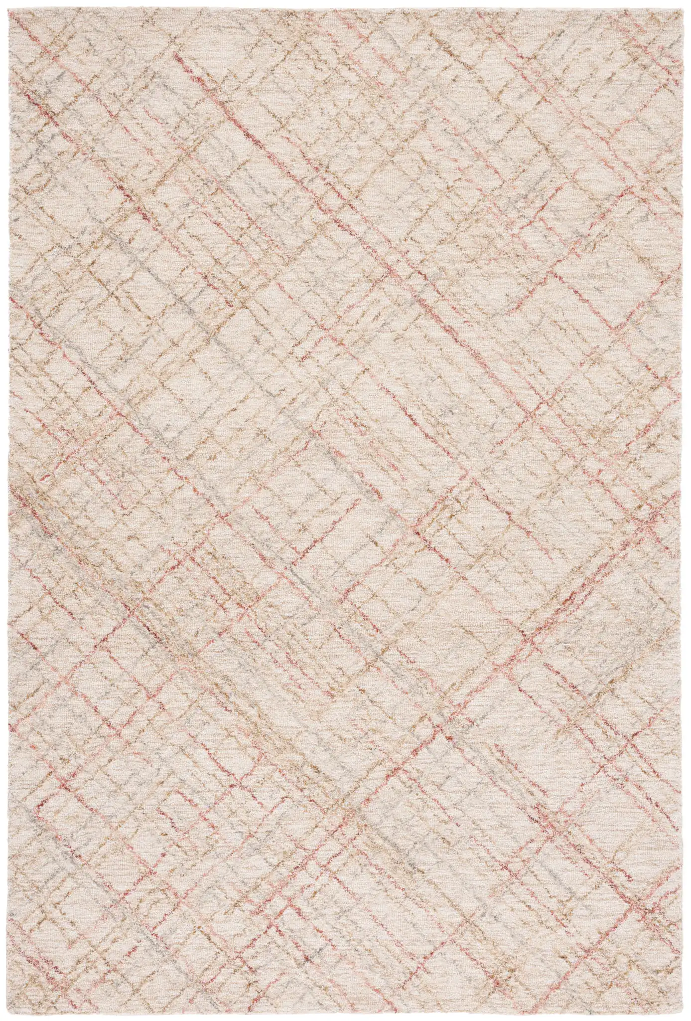 Micro-Loop Crosshatch Grid Hand-Tufted Wool Rug in Ivory / Red