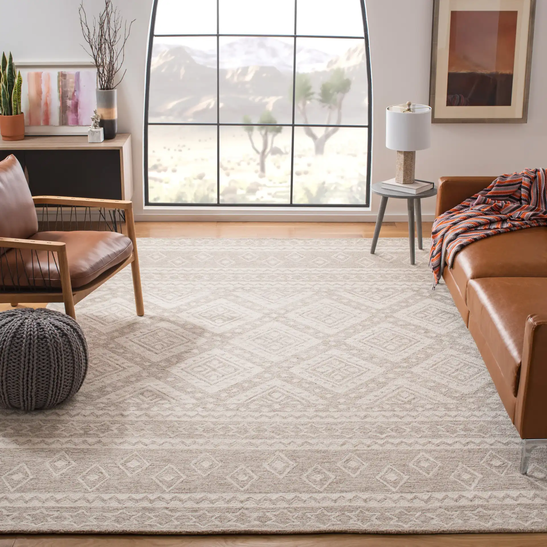 Micro-Loop Banded Geometric Hand-Tufted Wool Rug in Beige / Ivory in a styled room