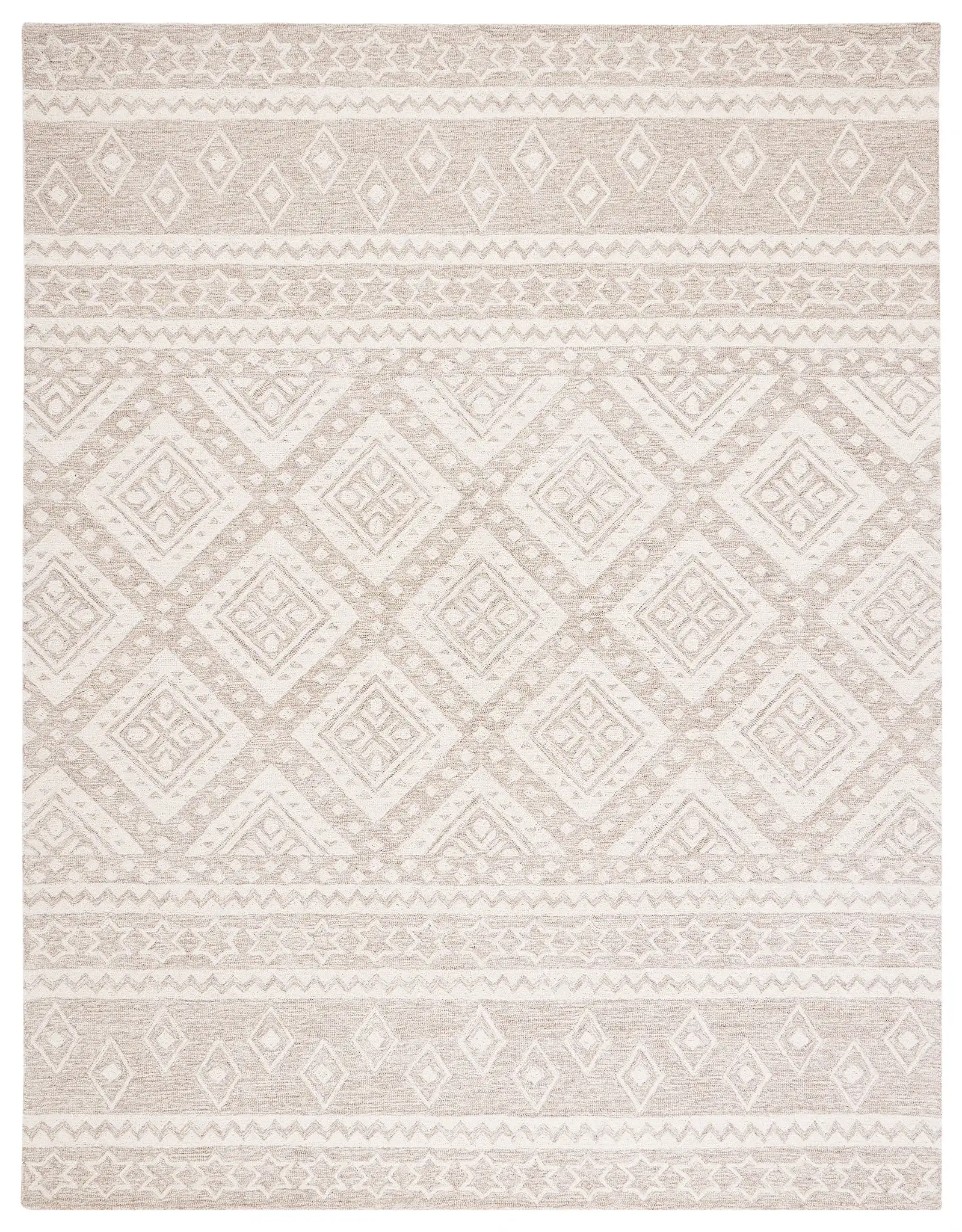 Micro-Loop Banded Geometric Hand-Tufted Wool Rug in Beige / Ivory