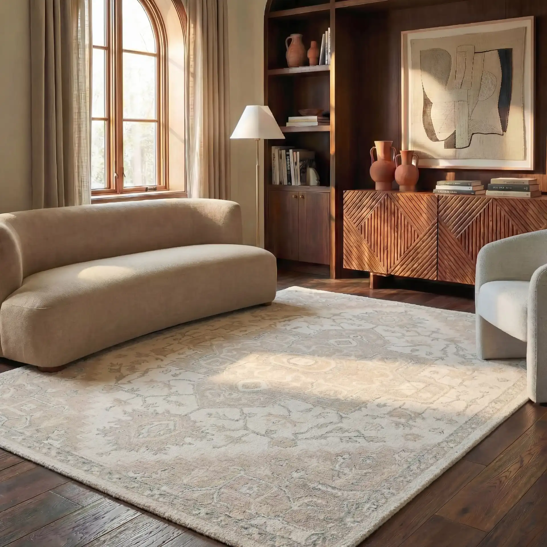Micro-Loop Micro Loop Stepped Medallion Hand-Tufted Wool Rug in Ivory / Beige in a styled room