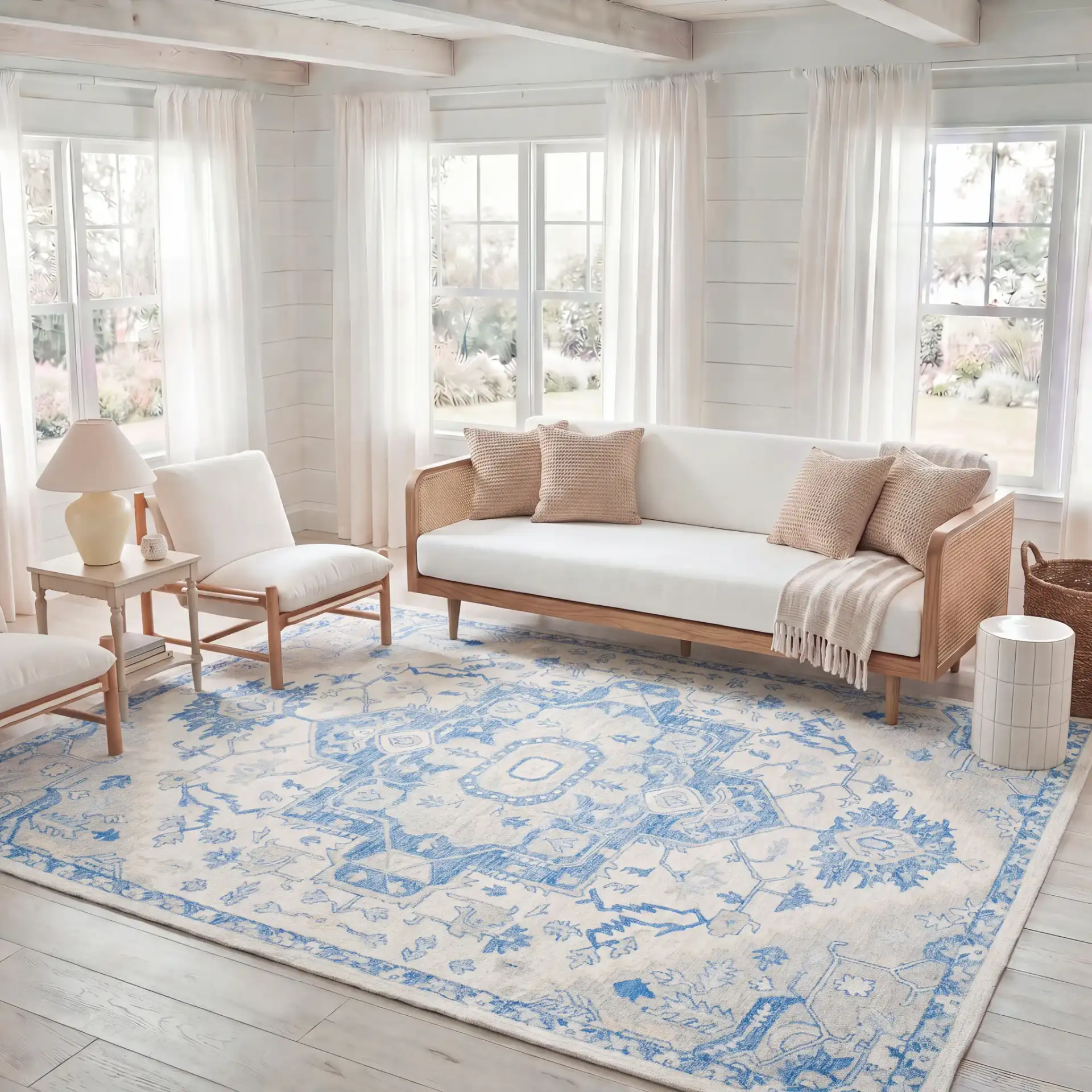 Micro-Loop Micro Loop Stepped Medallion Hand-Tufted Wool Rug in Ivory / Blue in a styled room